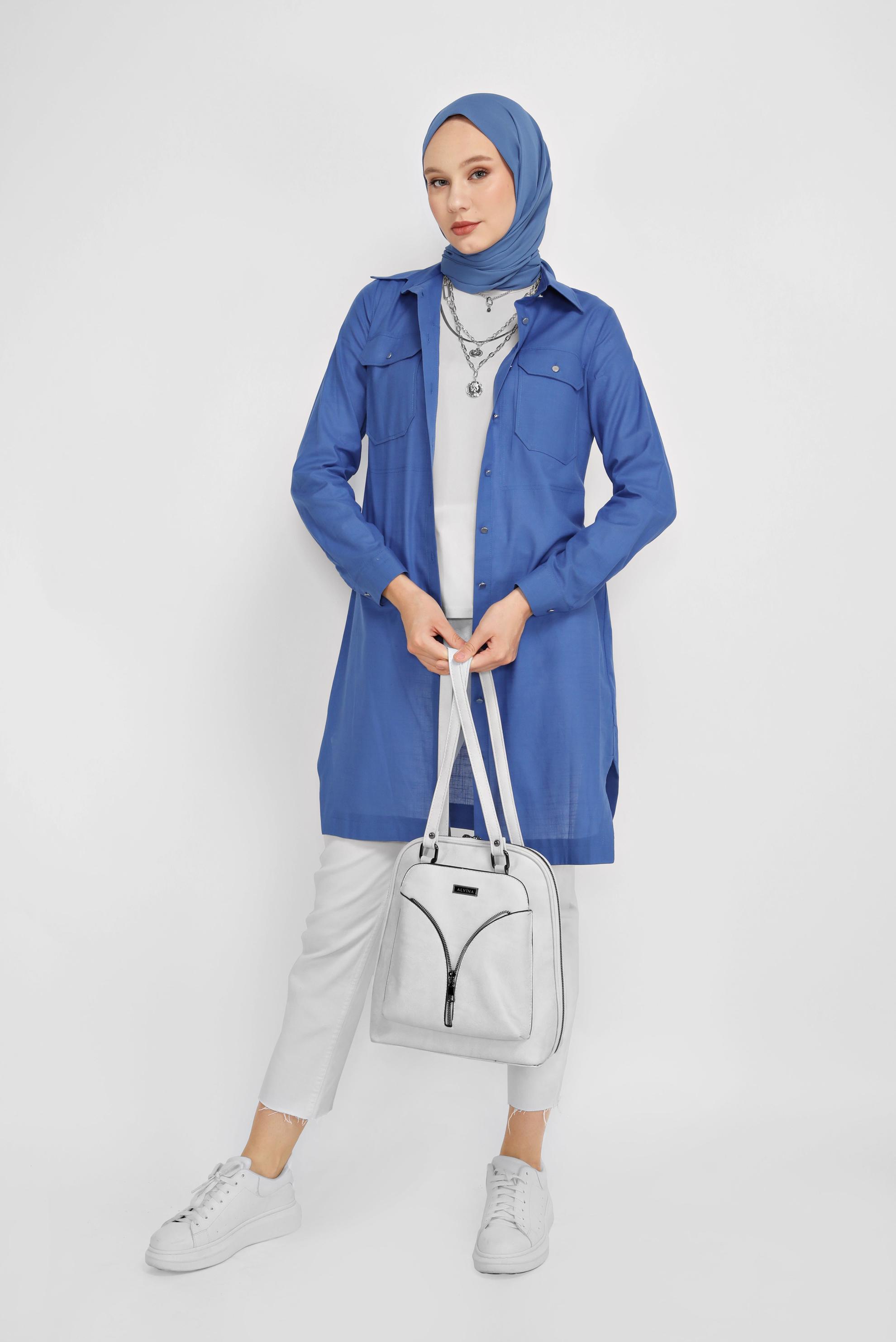 Tesettür giyim LACİVERT PAMUKLU CEPLİ BOYDAN TUNİK 41626 