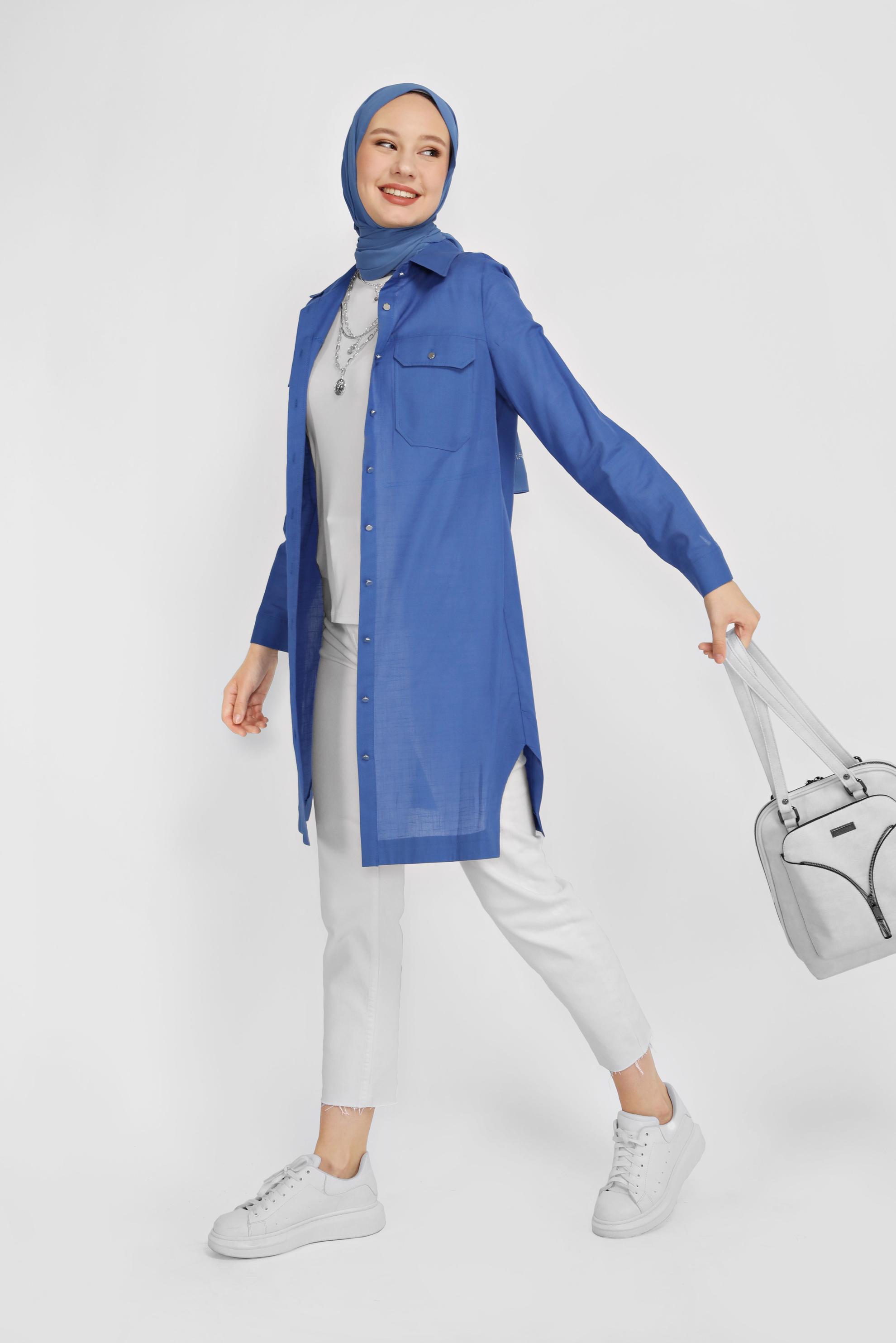 Tesettür giyim LACİVERT PAMUKLU CEPLİ BOYDAN TUNİK 41626 