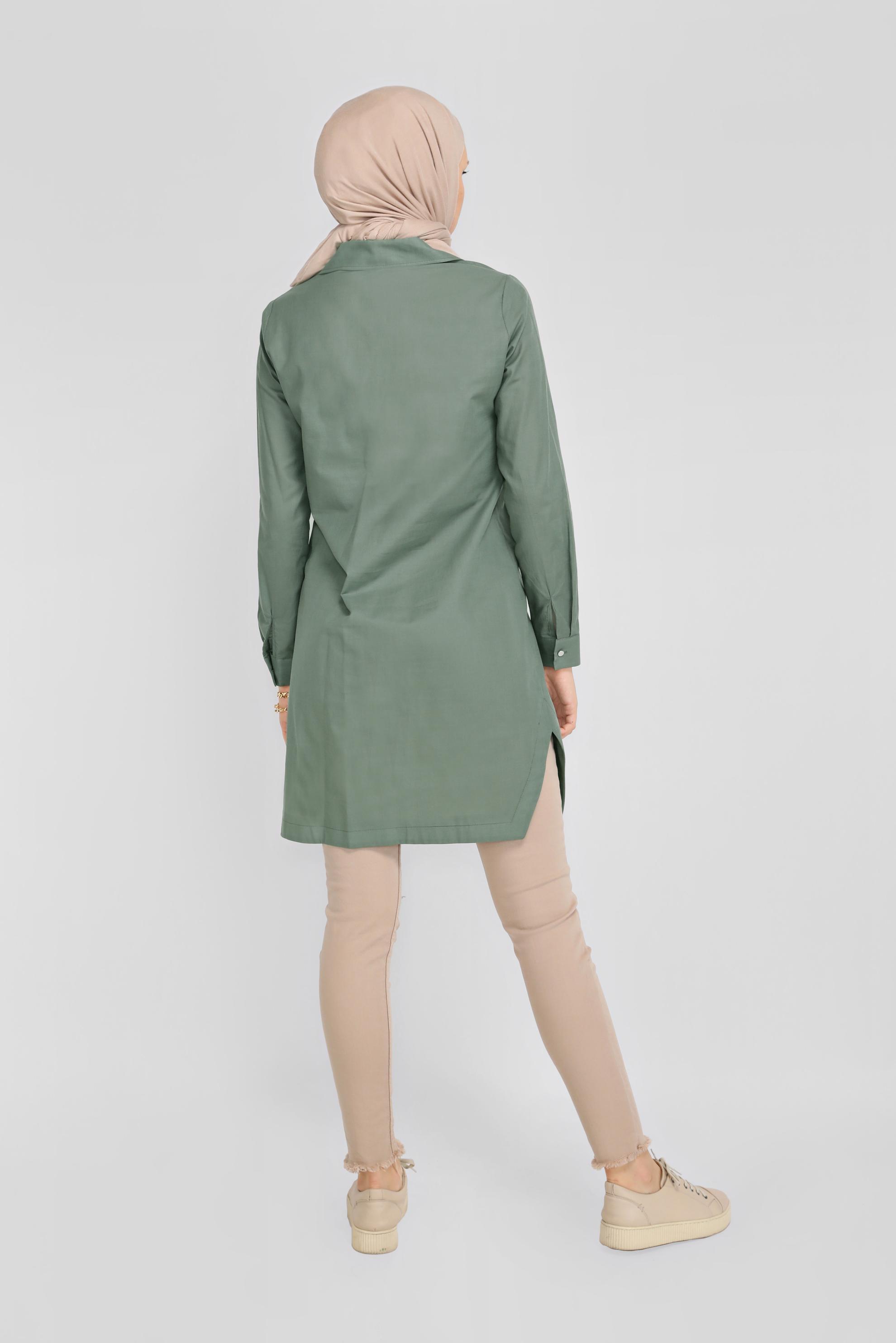 Tesettür giyim YEŞİL PAMUKLU CEPLİ BOYDAN TUNİK 41626 