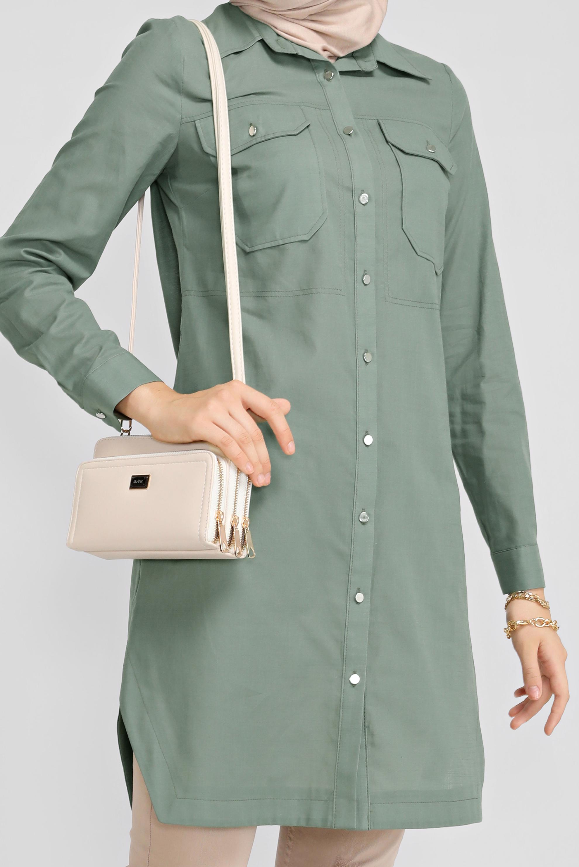 Tesettür giyim YEŞİL PAMUKLU CEPLİ BOYDAN TUNİK 41626 