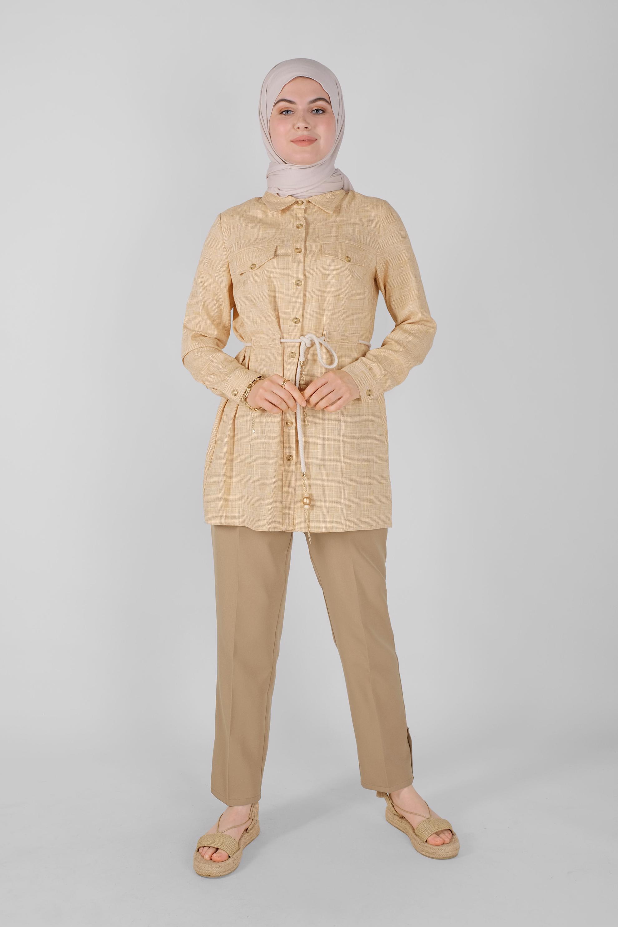 Tesettür giyim SARI DÜĞMELİ  KARELİ TUNİK 41628 