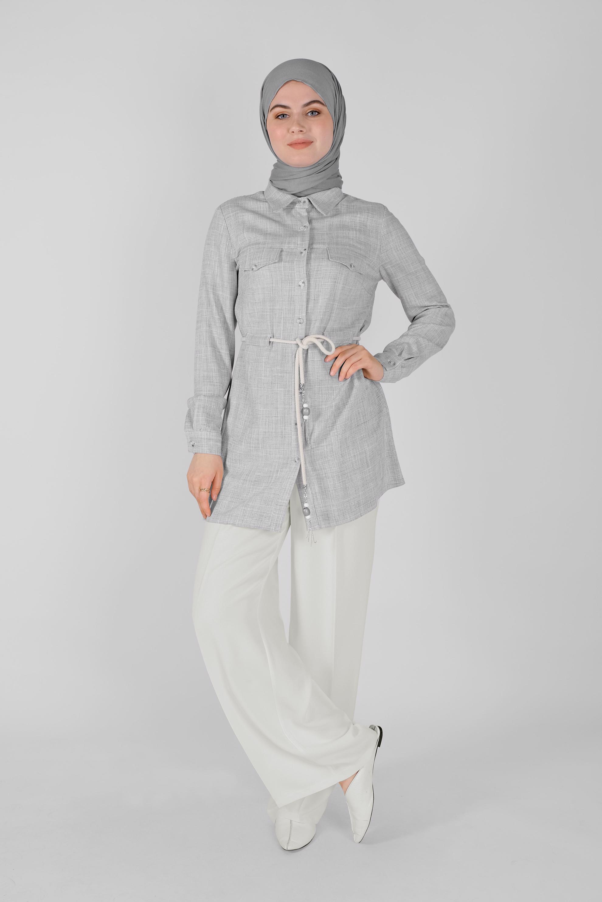Tesettür giyim GRİ DÜĞMELİ  KARELİ TUNİK 41628 
