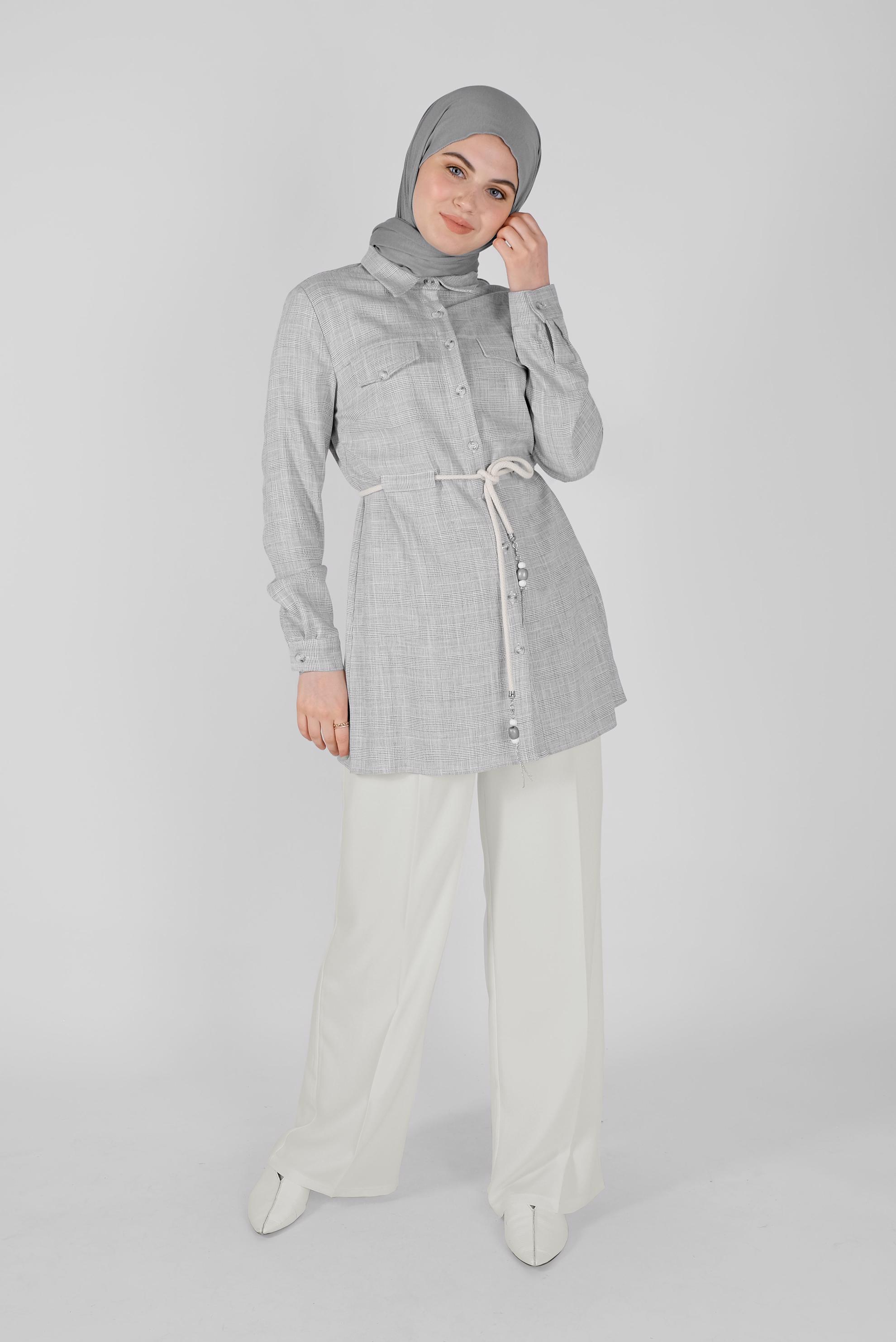 Tesettür giyim GRİ DÜĞMELİ  KARELİ TUNİK 41628 