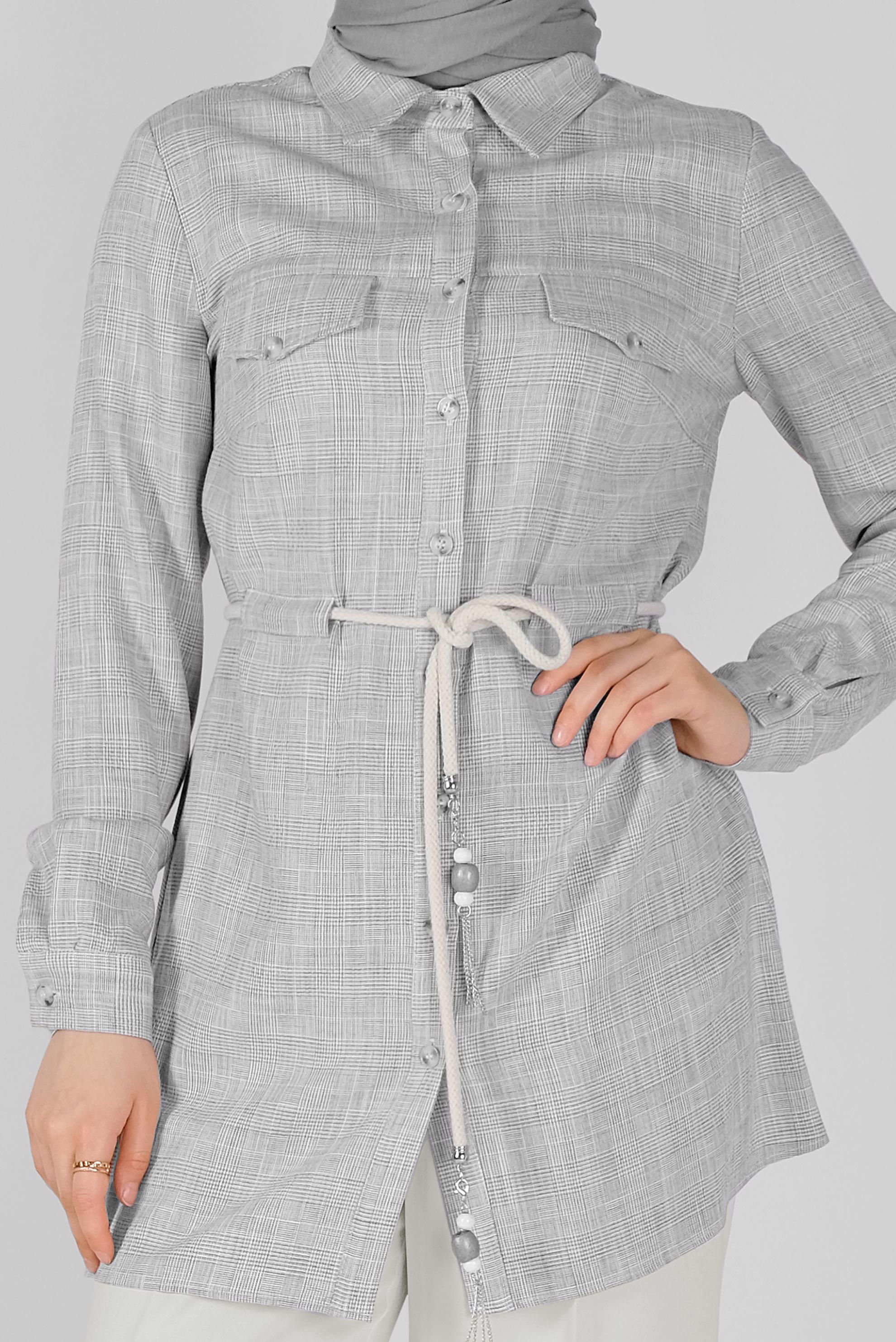 Tesettür giyim GRİ DÜĞMELİ  KARELİ TUNİK 41628 