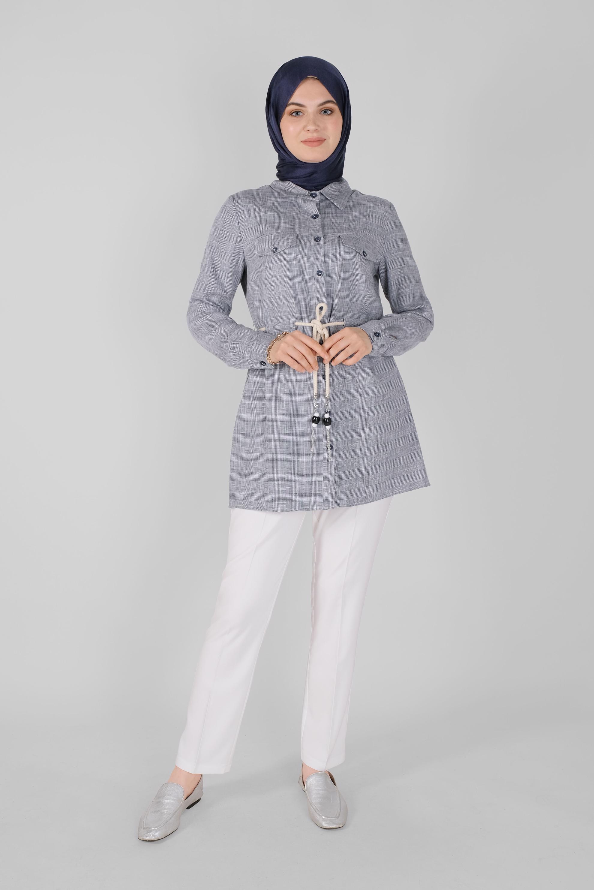 Tesettür giyim LACİVERT DÜĞMELİ  KARELİ TUNİK 41628 