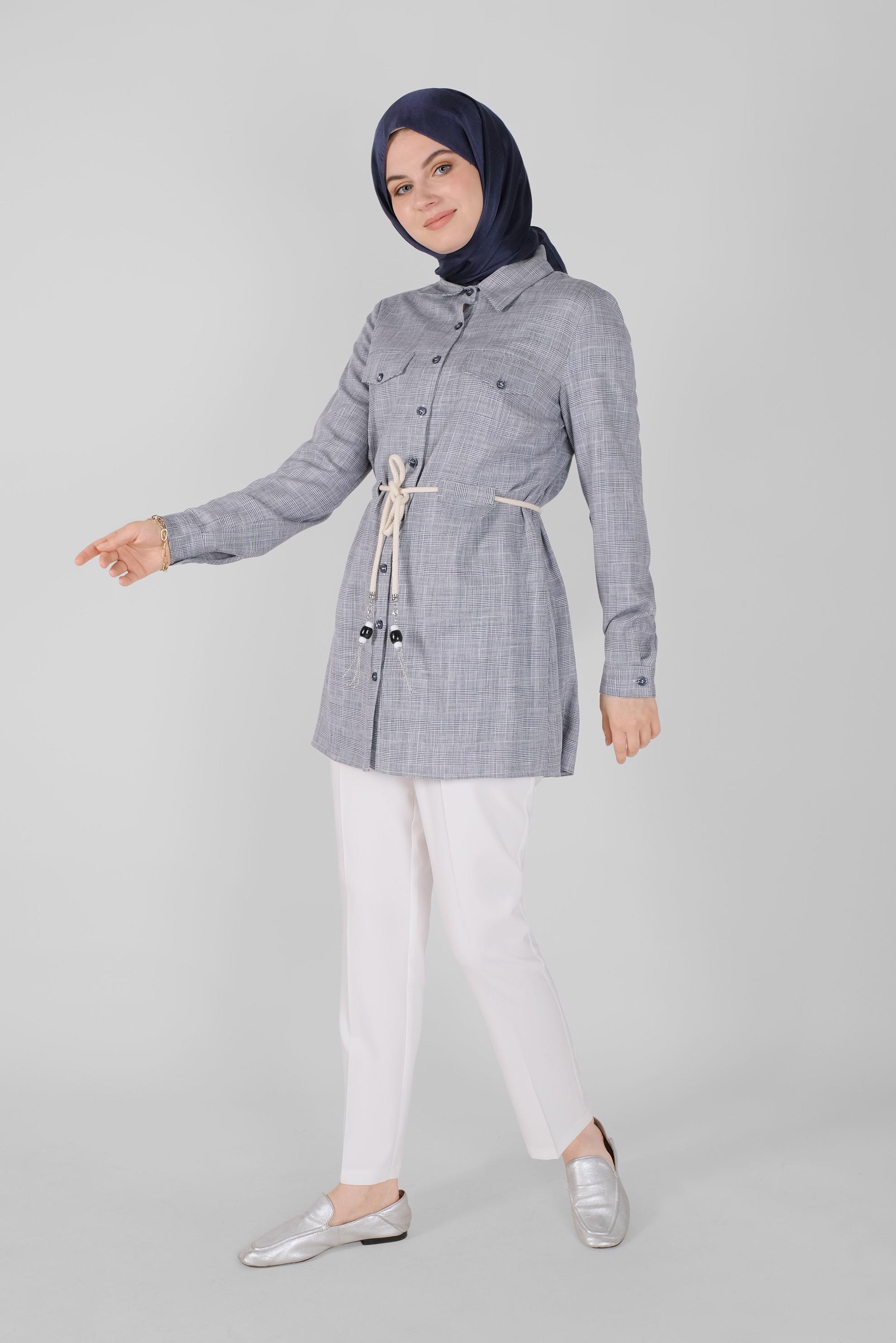 Tesettür giyim LACİVERT DÜĞMELİ  KARELİ TUNİK 41628 