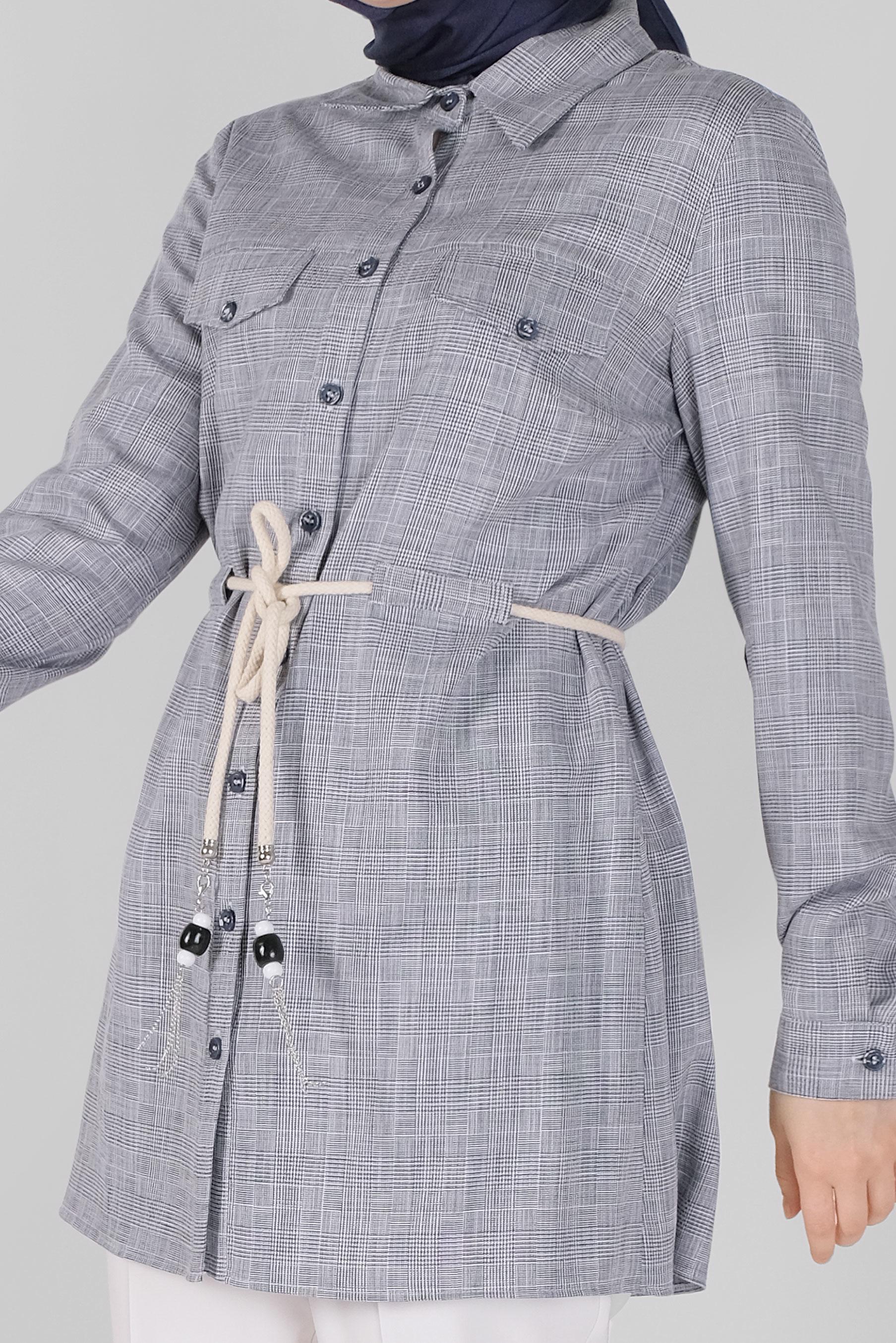 Tesettür giyim LACİVERT DÜĞMELİ  KARELİ TUNİK 41628 