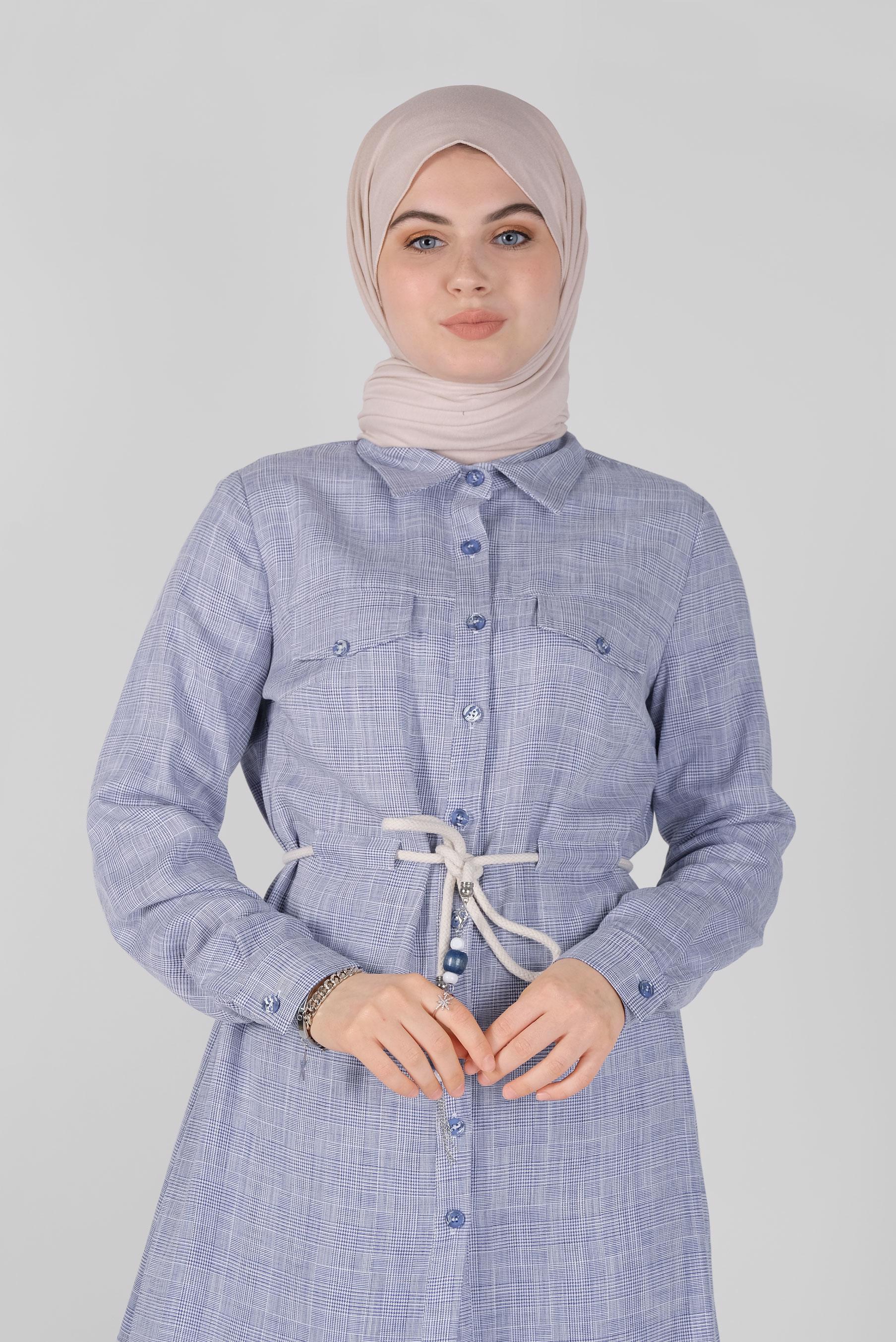 Tesettür giyim LACİVERT DÜĞMELİ  KARELİ TUNİK 41628 