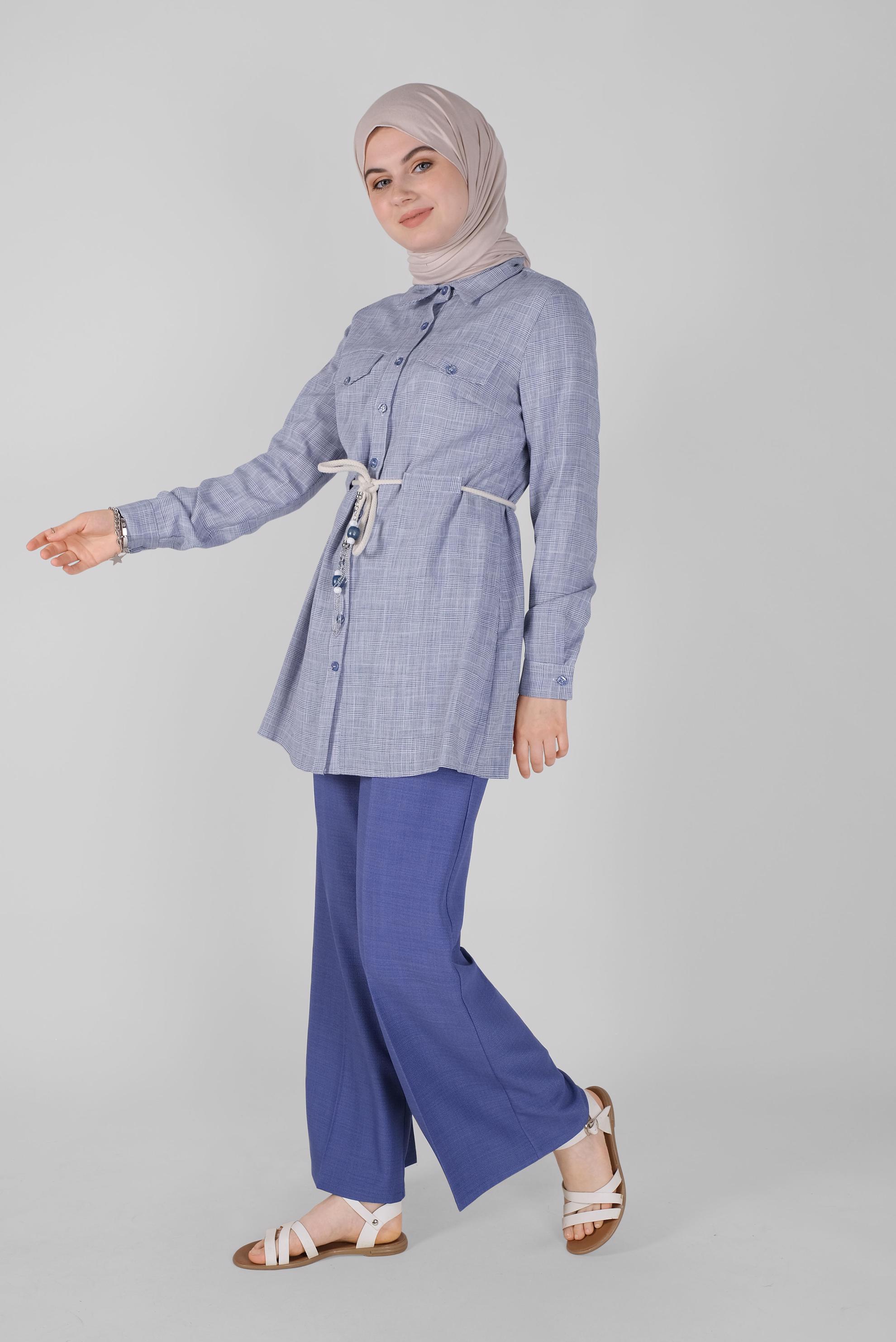 Tesettür giyim LACİVERT DÜĞMELİ  KARELİ TUNİK 41628 