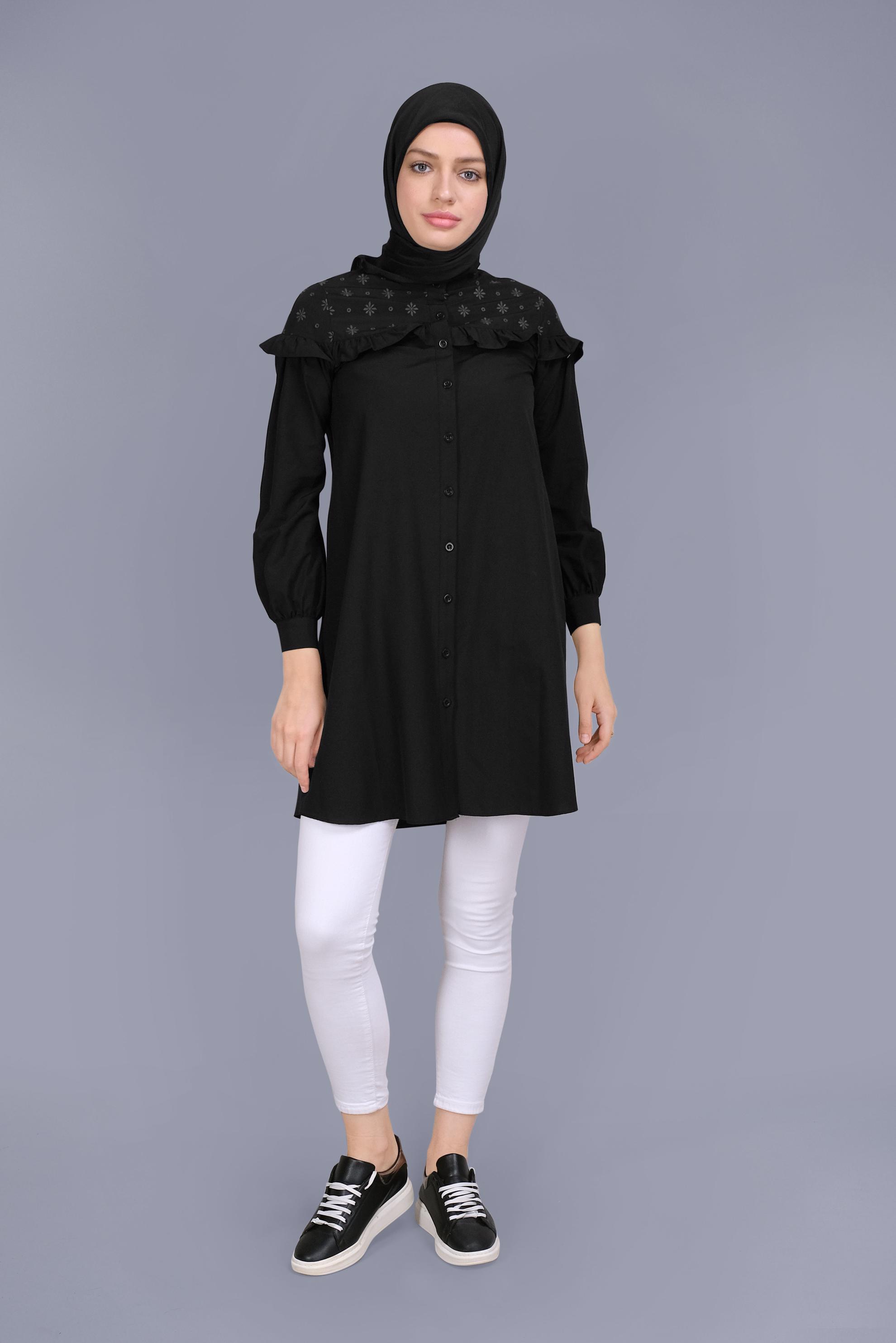Tesettür giyim SİYAH PAMUKLU FIRFIR DETAYLI TUNİK 41637 