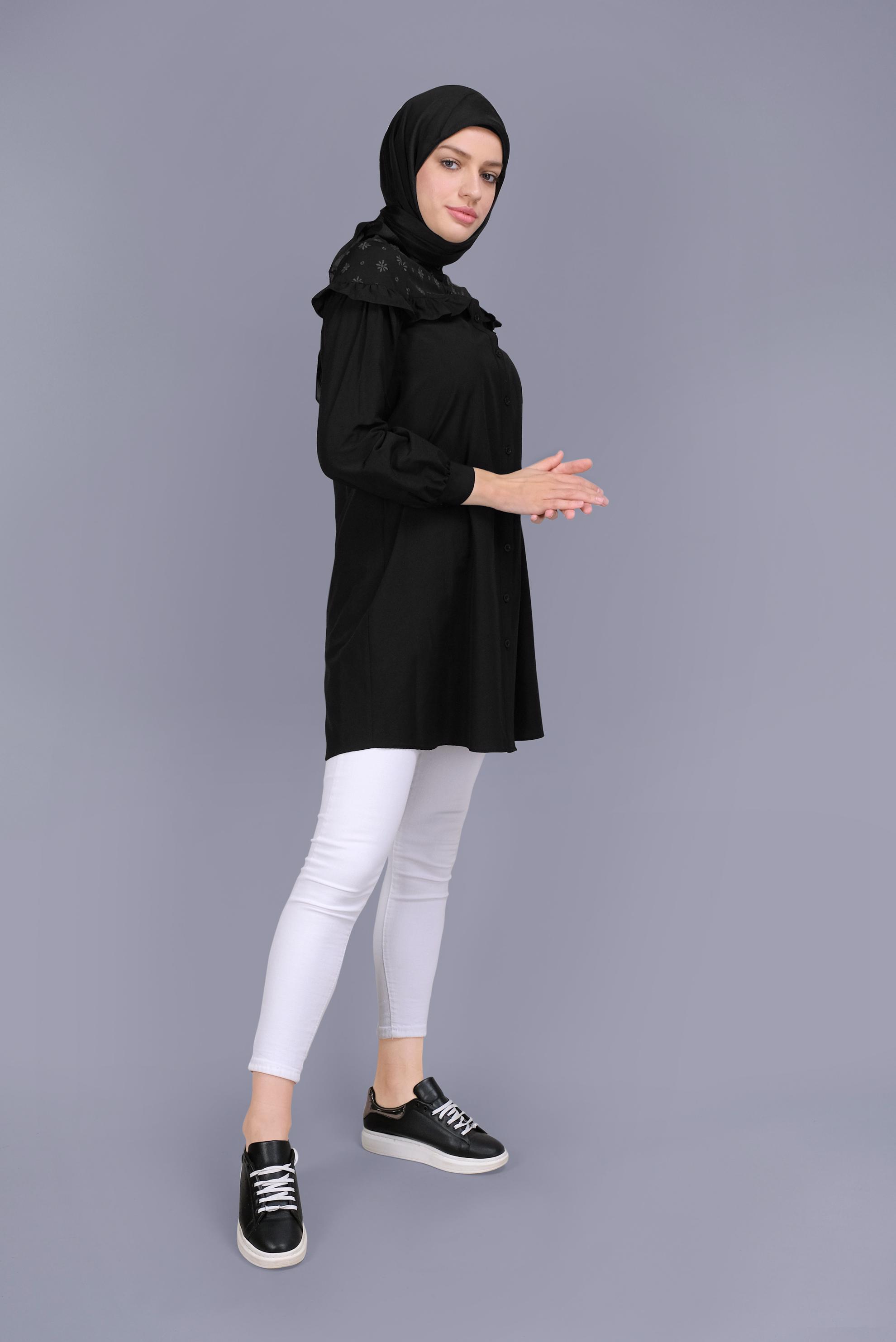 Tesettür giyim SİYAH PAMUKLU FIRFIR DETAYLI TUNİK 41637 