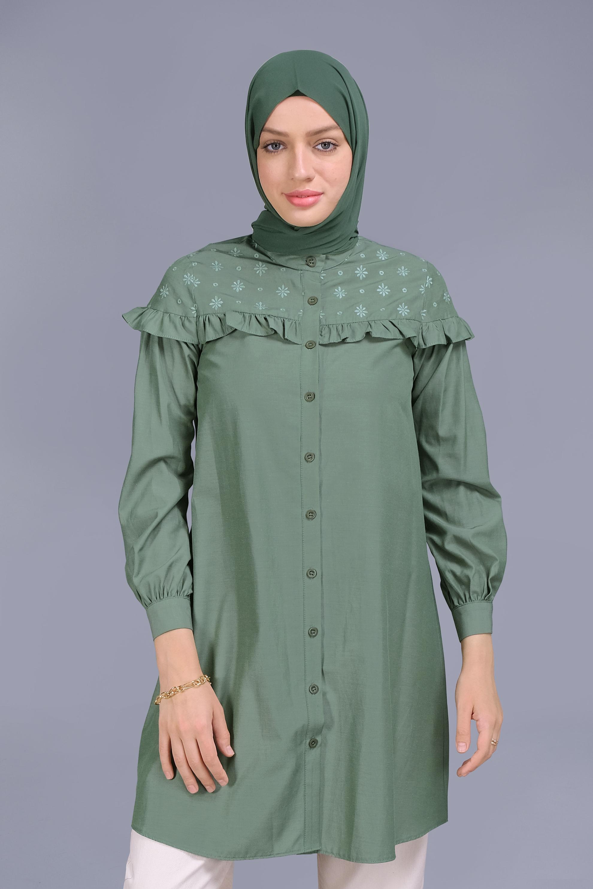 Tesettür giyim YEŞİL PAMUKLU FIRFIR DETAYLI TUNİK 41637 