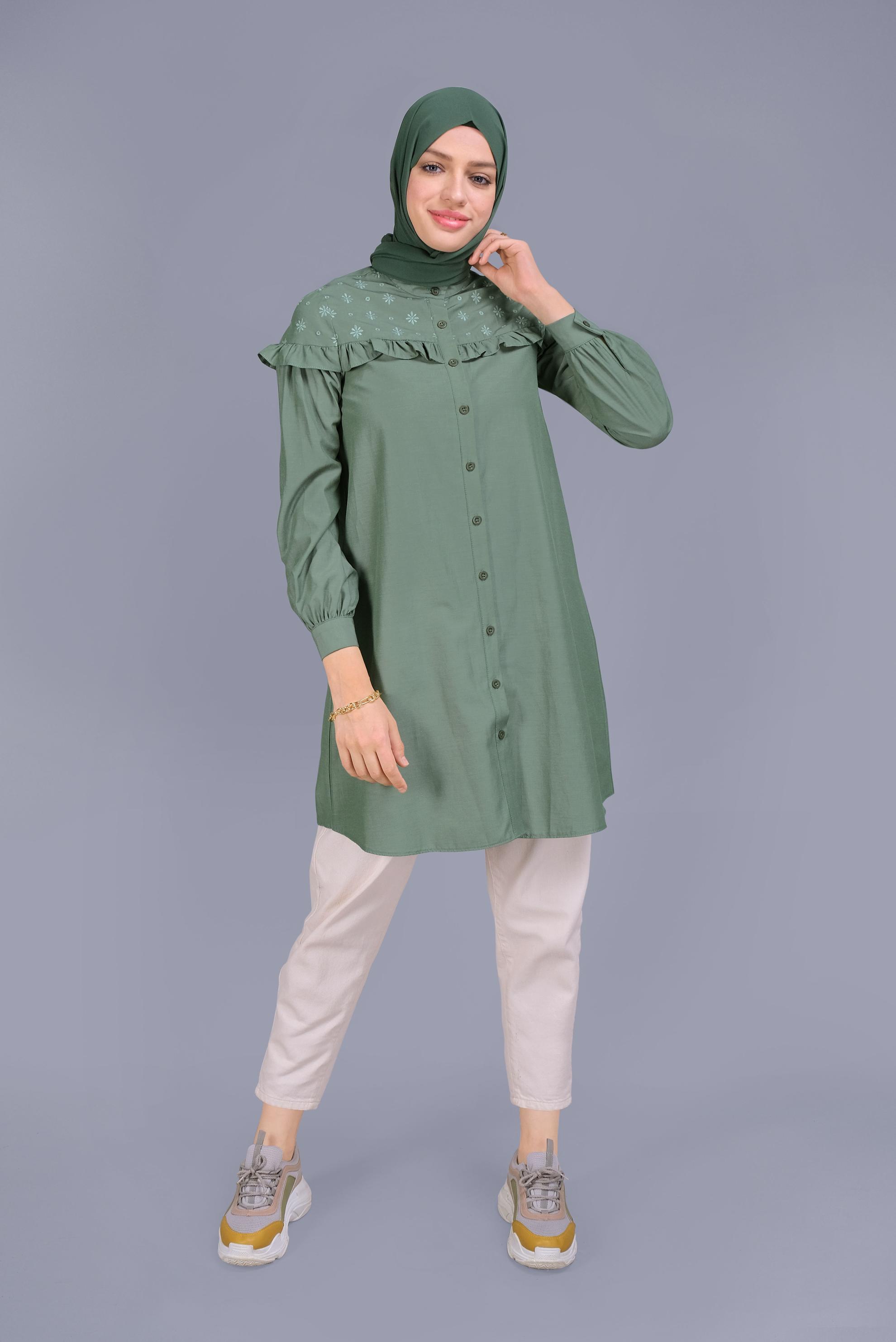 Tesettür giyim YEŞİL PAMUKLU FIRFIR DETAYLI TUNİK 41637 