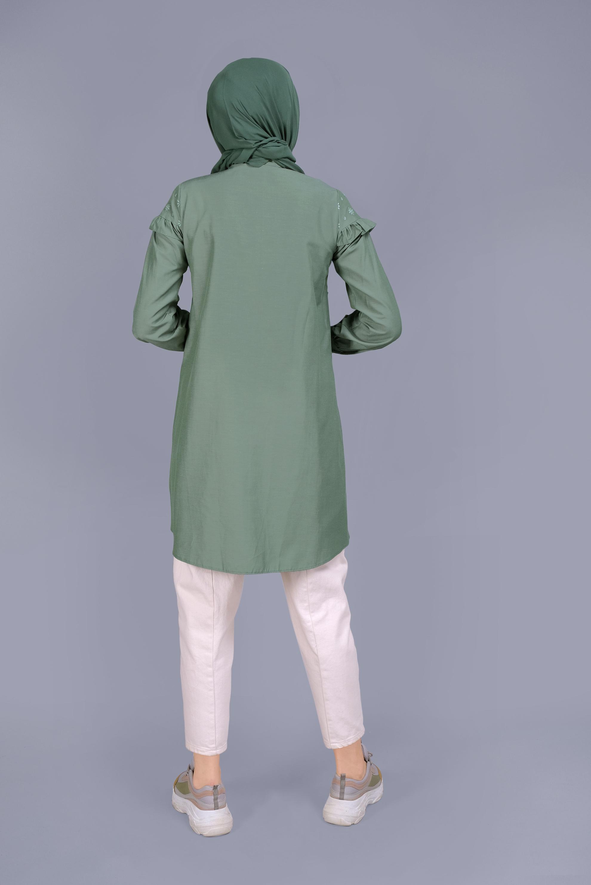 Tesettür giyim YEŞİL PAMUKLU FIRFIR DETAYLI TUNİK 41637 