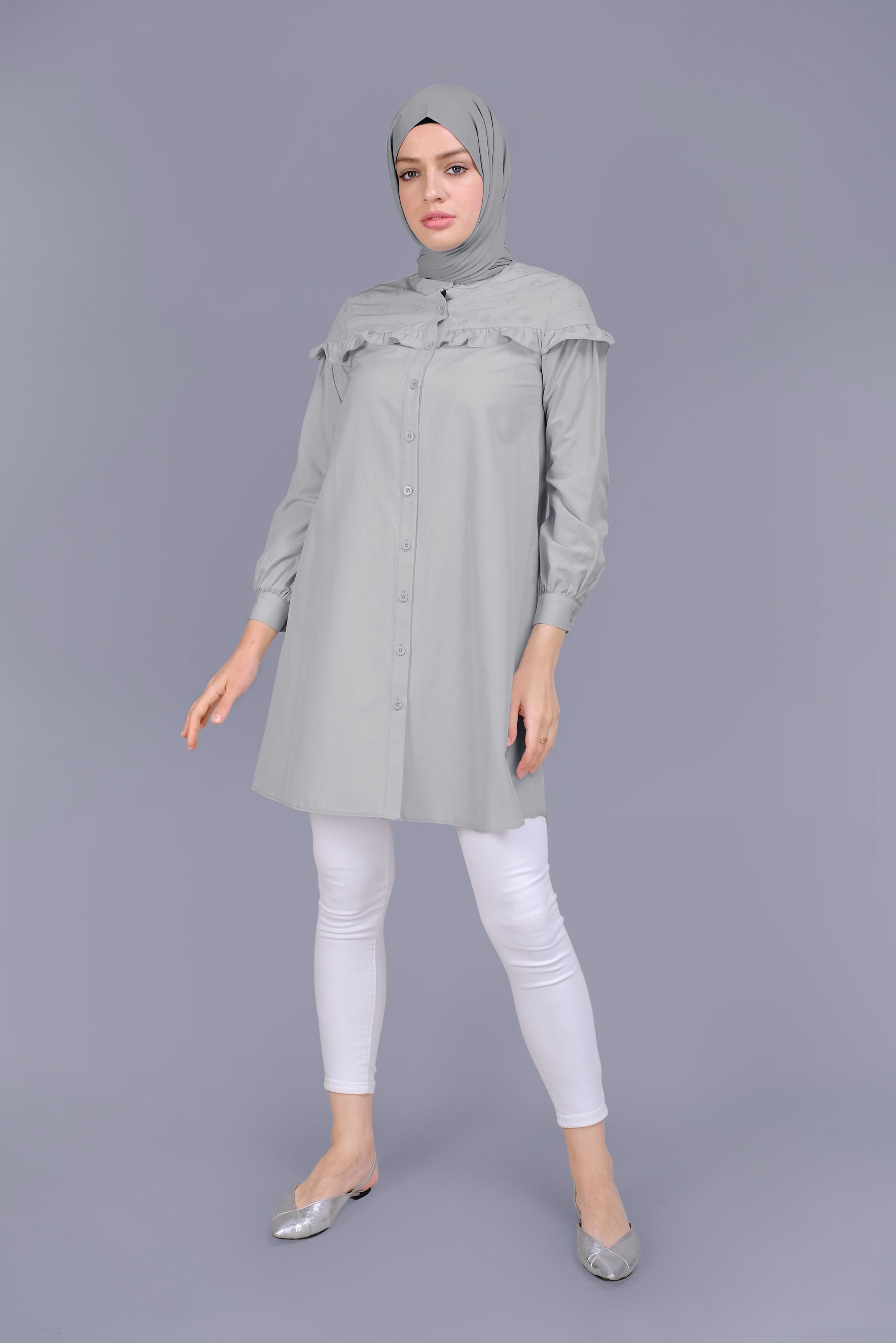 Tesettür giyim GRİ PAMUKLU FIRFIR DETAYLI TUNİK 41637 