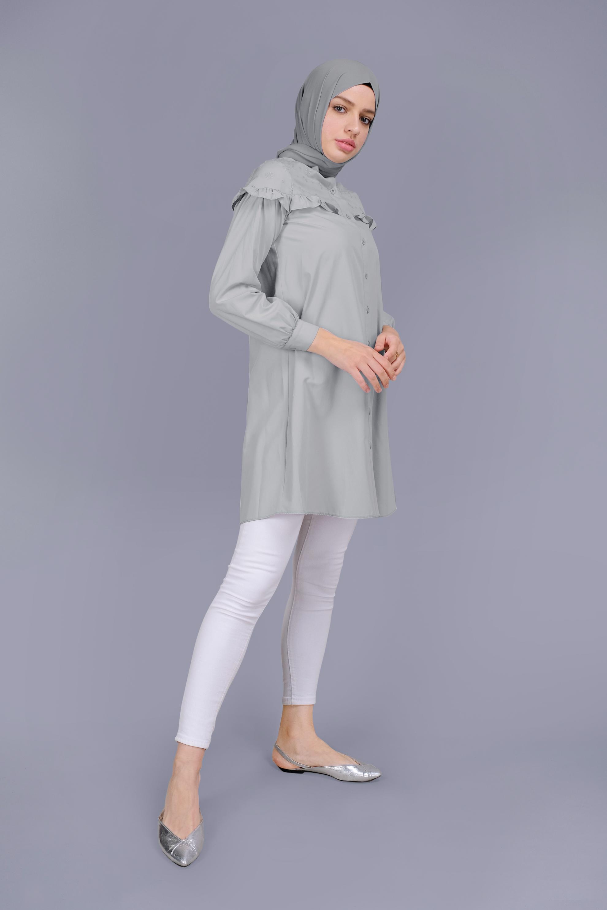 Tesettür giyim GRİ PAMUKLU FIRFIR DETAYLI TUNİK 41637 