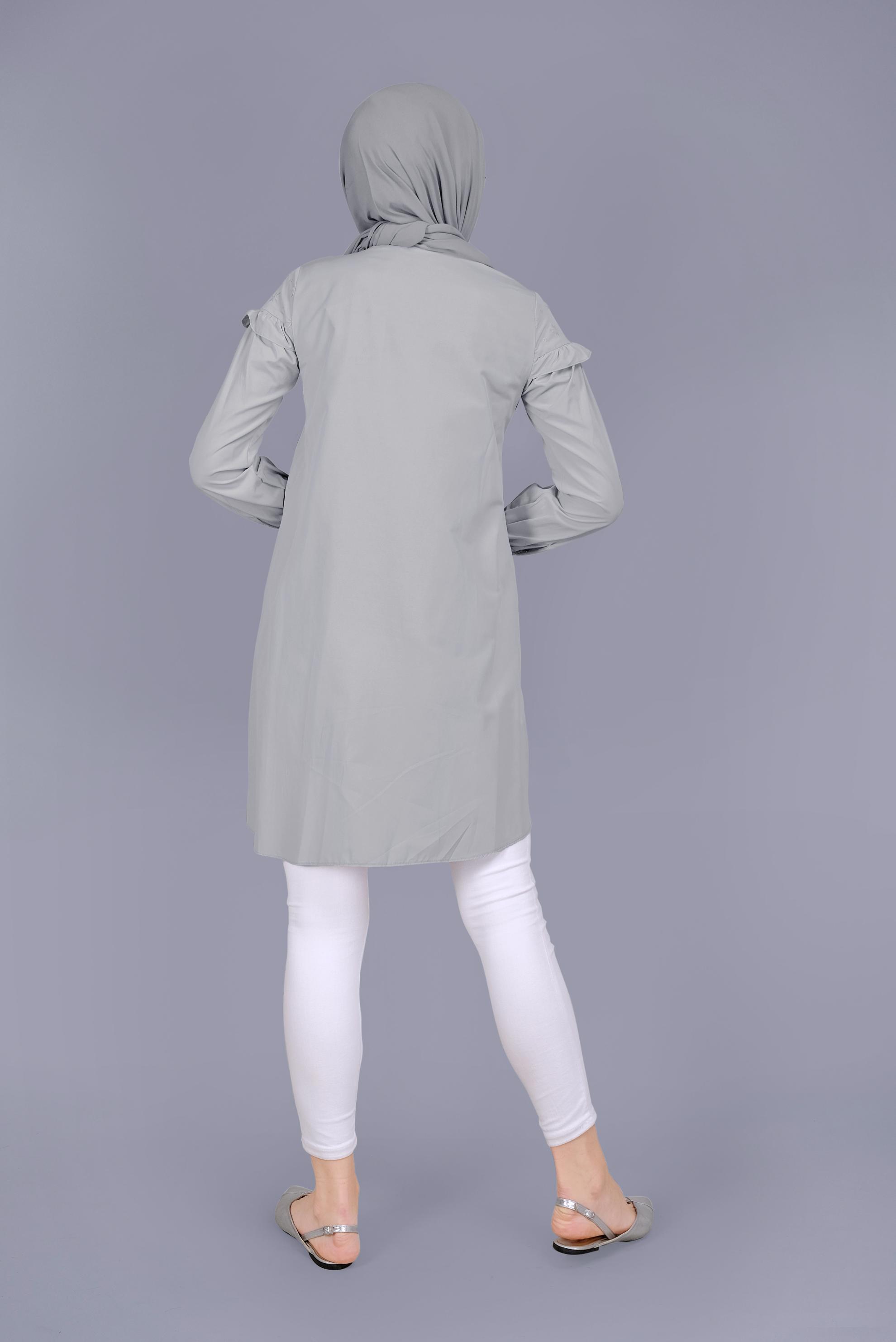 Tesettür giyim GRİ PAMUKLU FIRFIR DETAYLI TUNİK 41637 