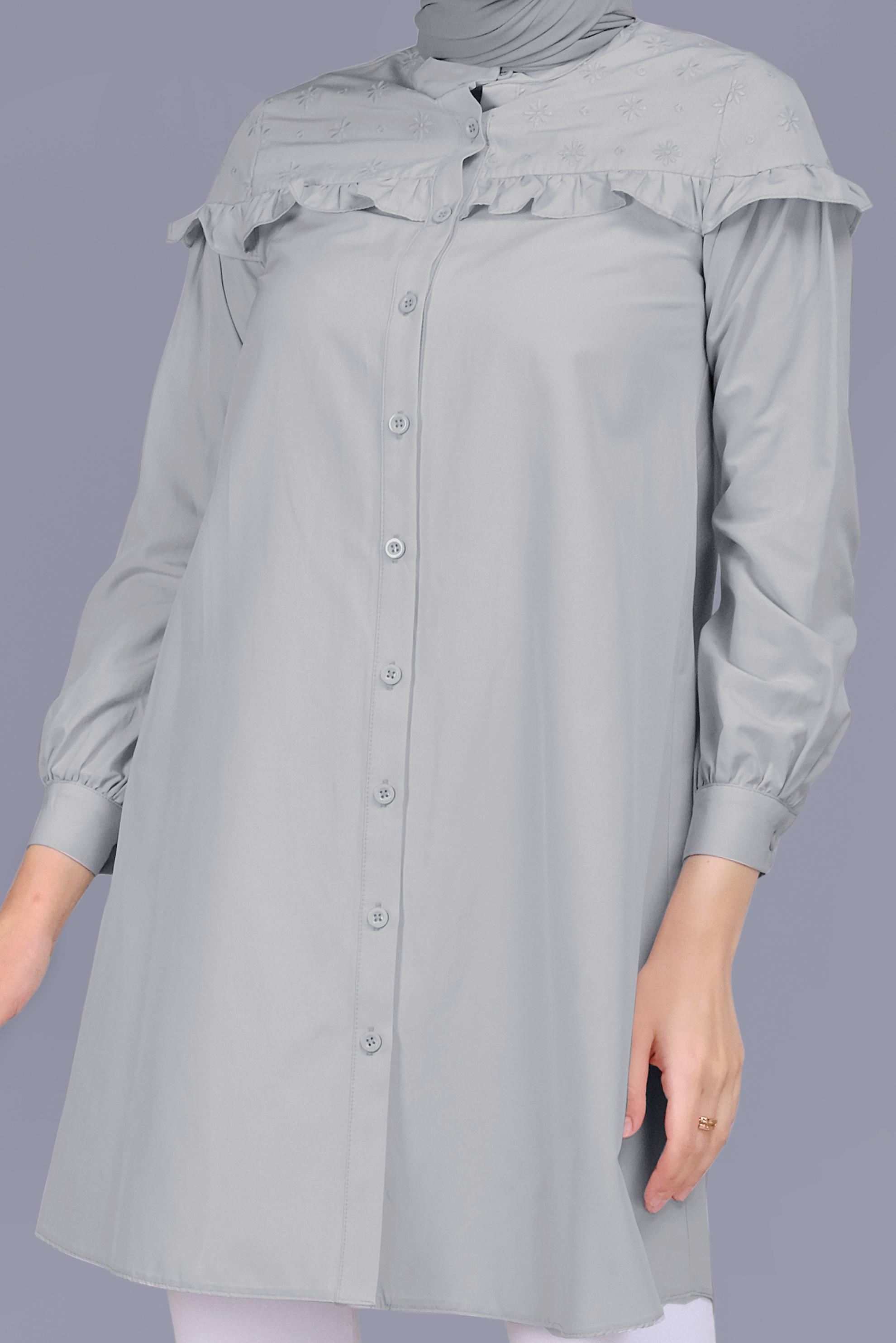 Tesettür giyim GRİ PAMUKLU FIRFIR DETAYLI TUNİK 41637 