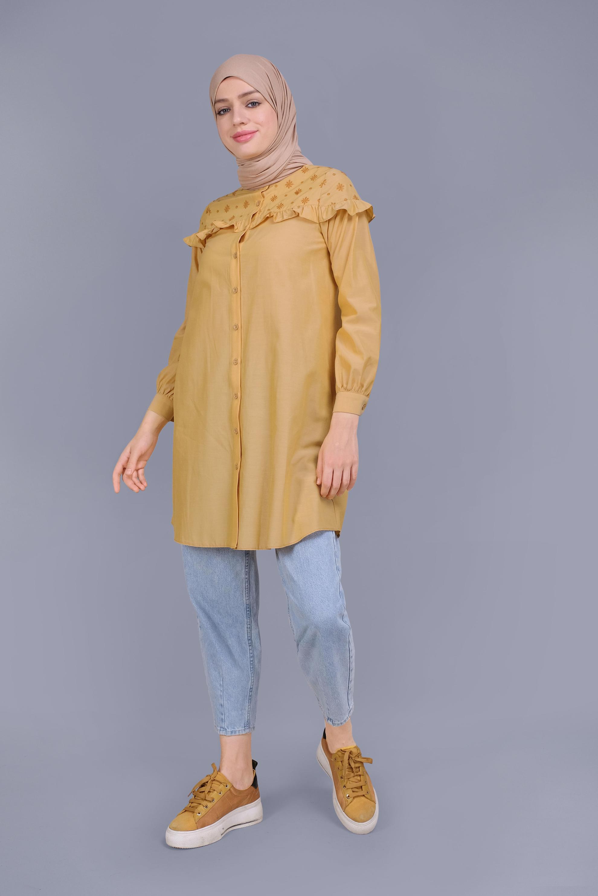 Tesettür giyim SARI PAMUKLU FIRFIR DETAYLI TUNİK 41637 