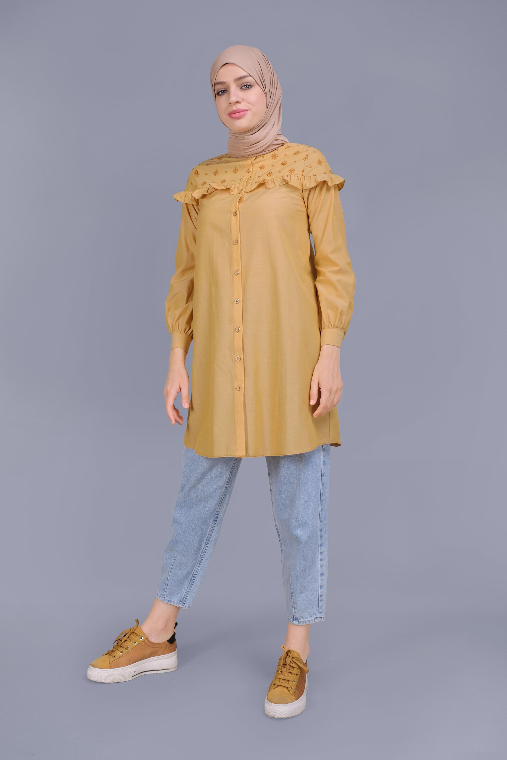 Tesettür giyim SARI PAMUKLU FIRFIR DETAYLI TUNİK 41637 