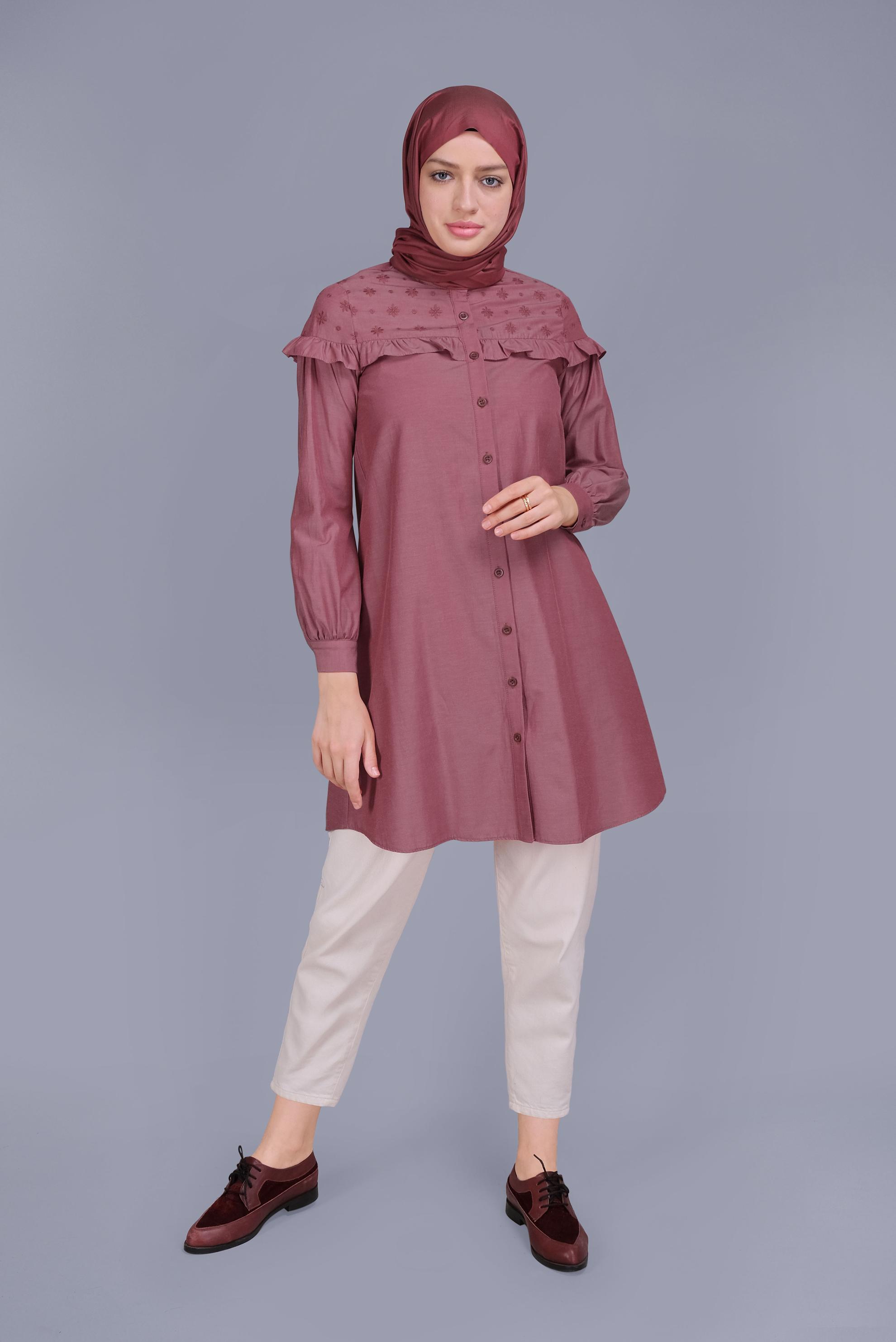Tesettür giyim BORDO PAMUKLU FIRFIR DETAYLI TUNİK 41637 