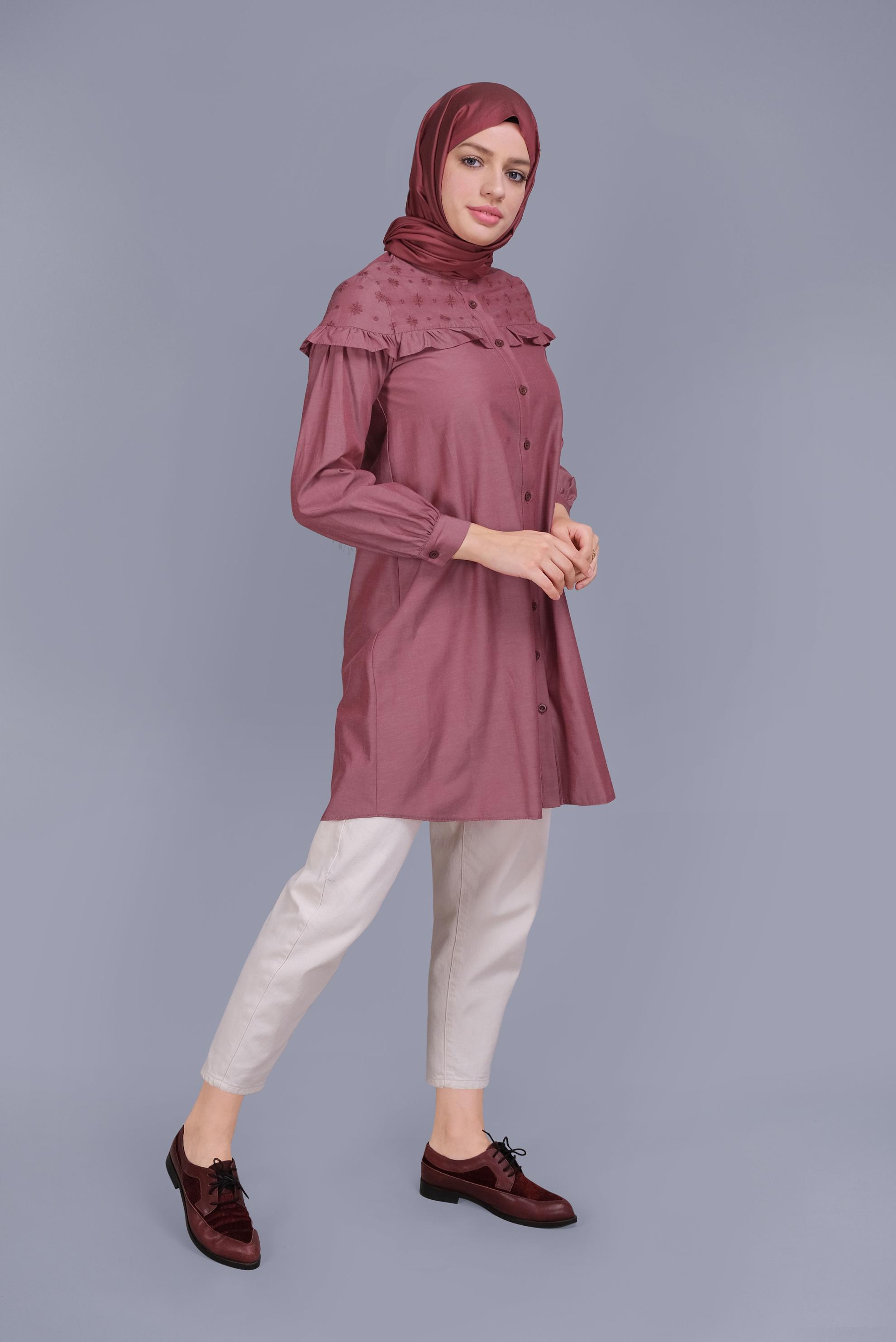 Tesettür giyim BORDO PAMUKLU FIRFIR DETAYLI TUNİK 41637 