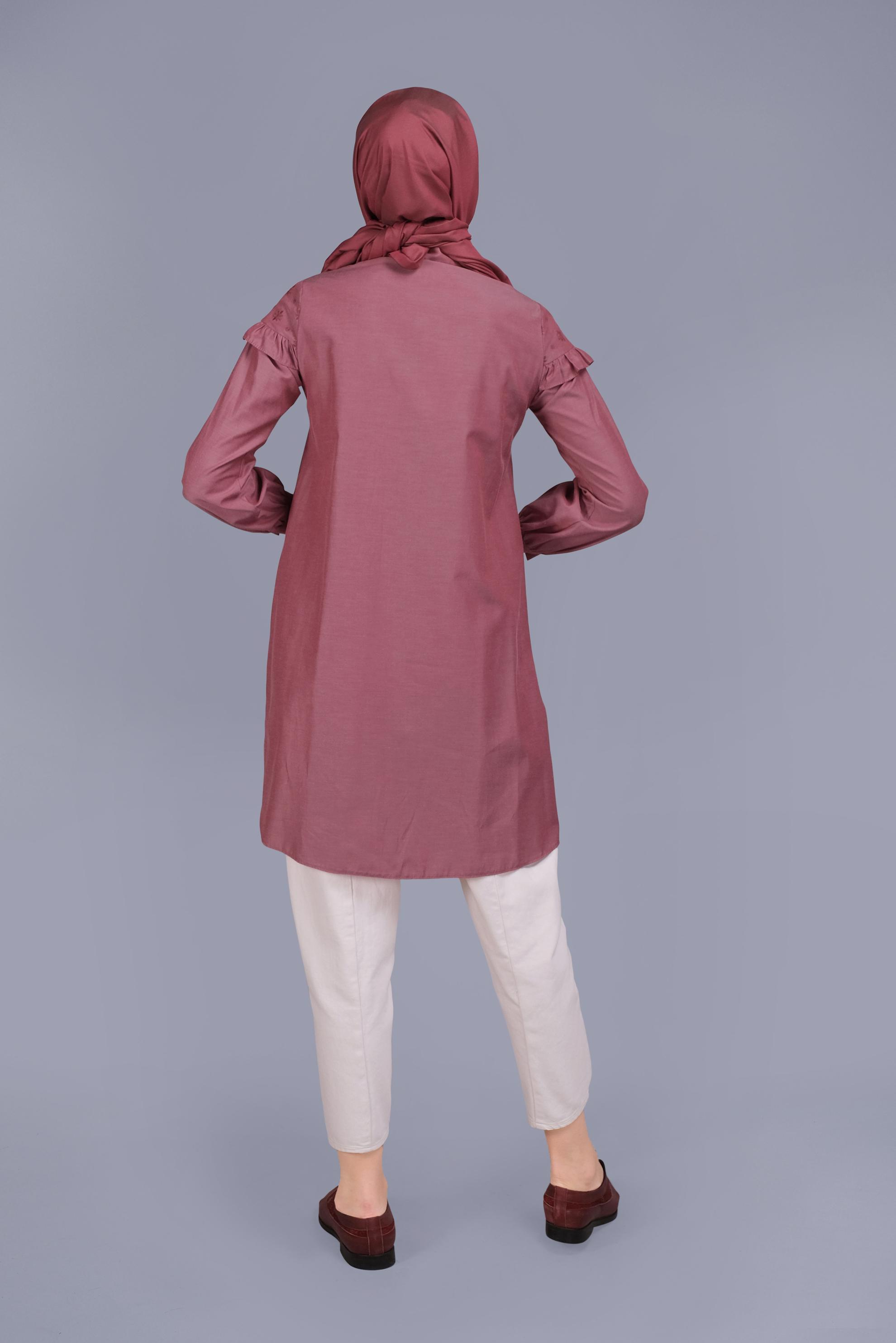 Tesettür giyim BORDO PAMUKLU FIRFIR DETAYLI TUNİK 41637 