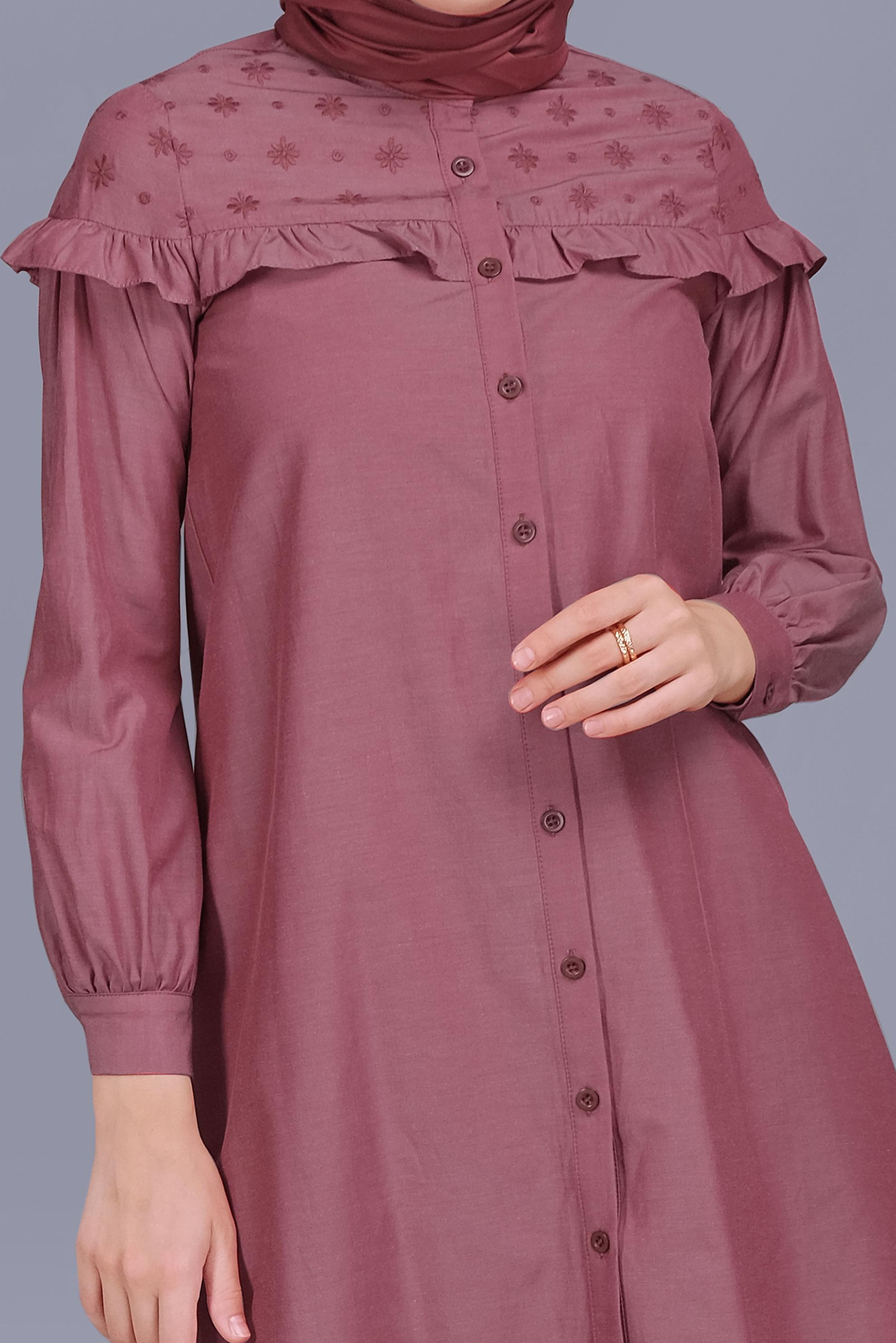 Tesettür giyim BORDO PAMUKLU FIRFIR DETAYLI TUNİK 41637 