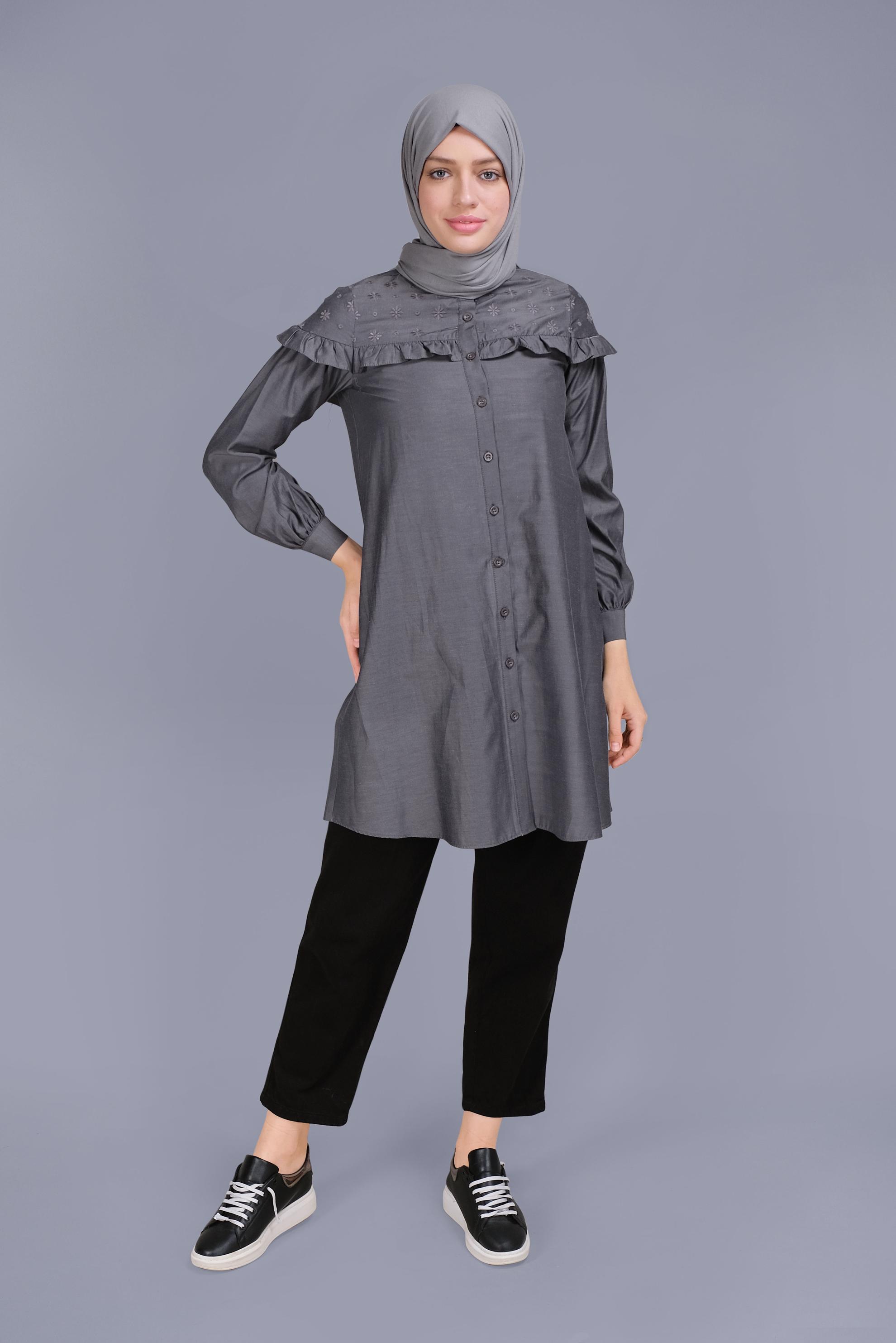Tesettür giyim GRİ PAMUKLU FIRFIR DETAYLI TUNİK 41637 