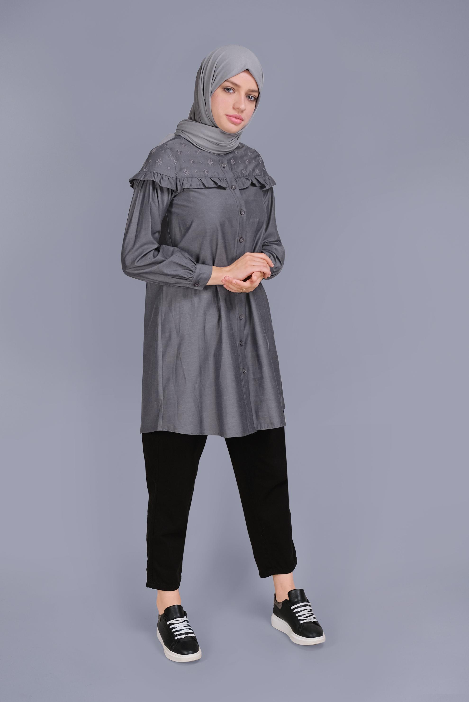 Tesettür giyim GRİ PAMUKLU FIRFIR DETAYLI TUNİK 41637 
