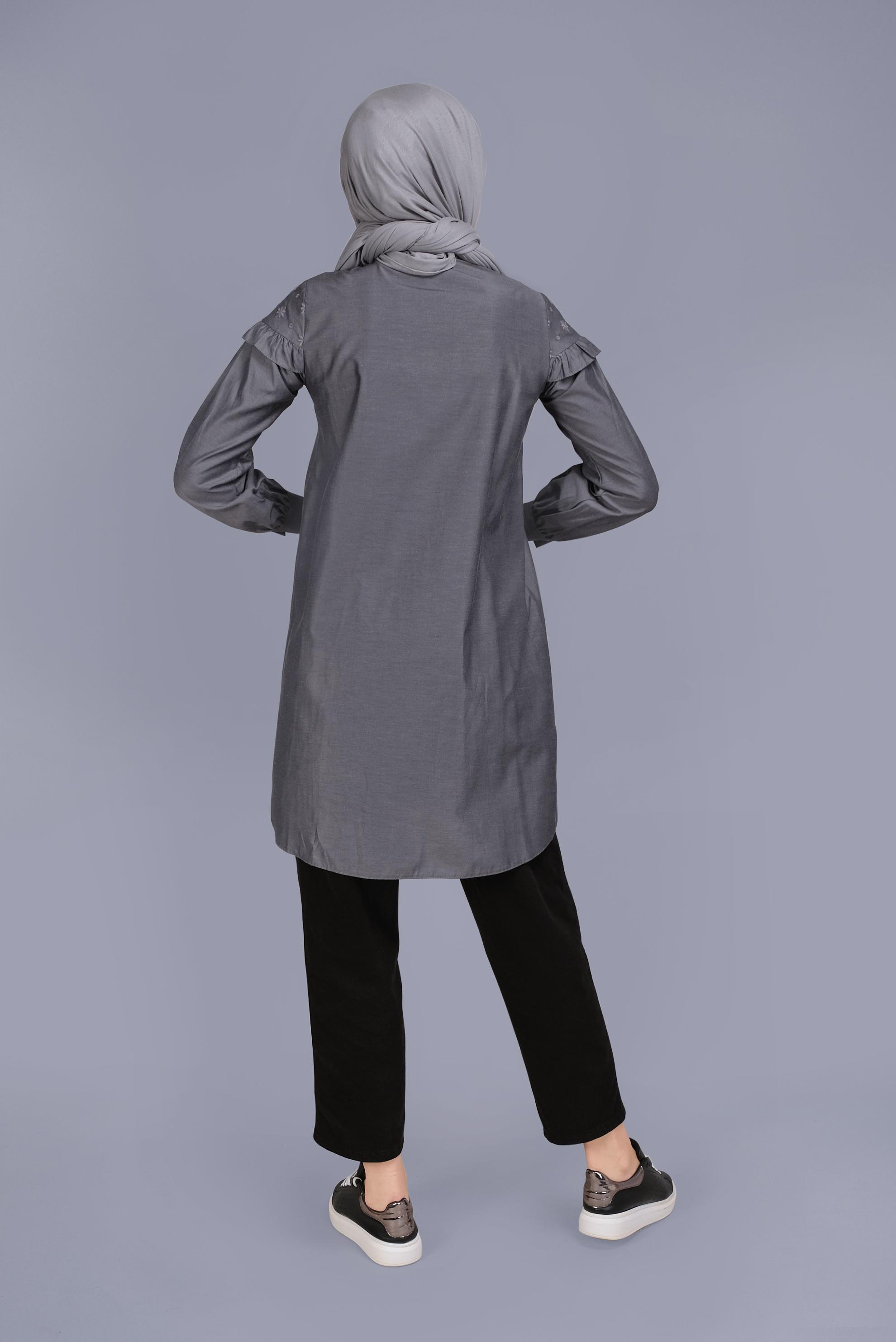 Tesettür giyim GRİ PAMUKLU FIRFIR DETAYLI TUNİK 41637 