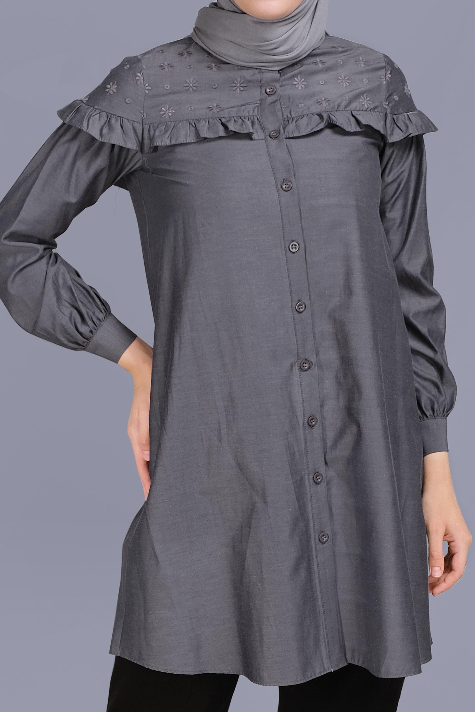 Tesettür giyim GRİ PAMUKLU FIRFIR DETAYLI TUNİK 41637 