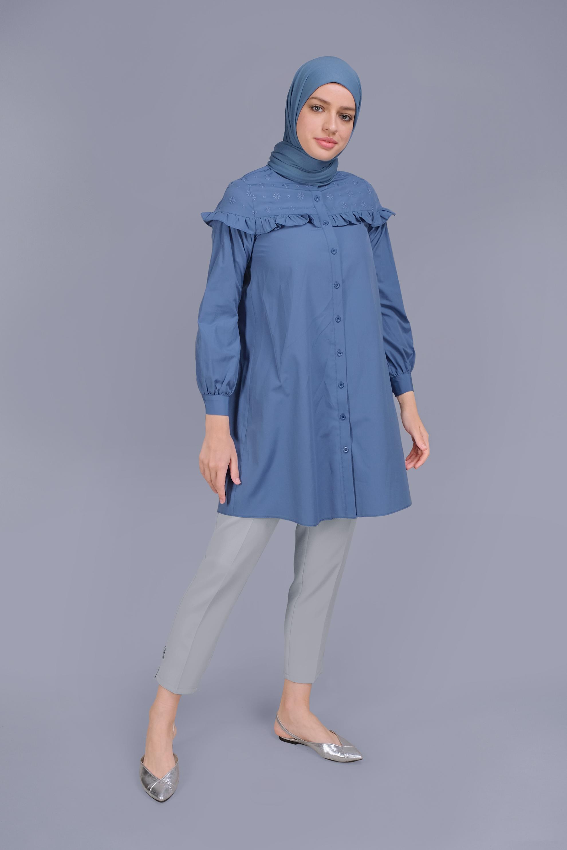 Tesettür giyim LACİVERT PAMUKLU FIRFIR DETAYLI TUNİK 41637 