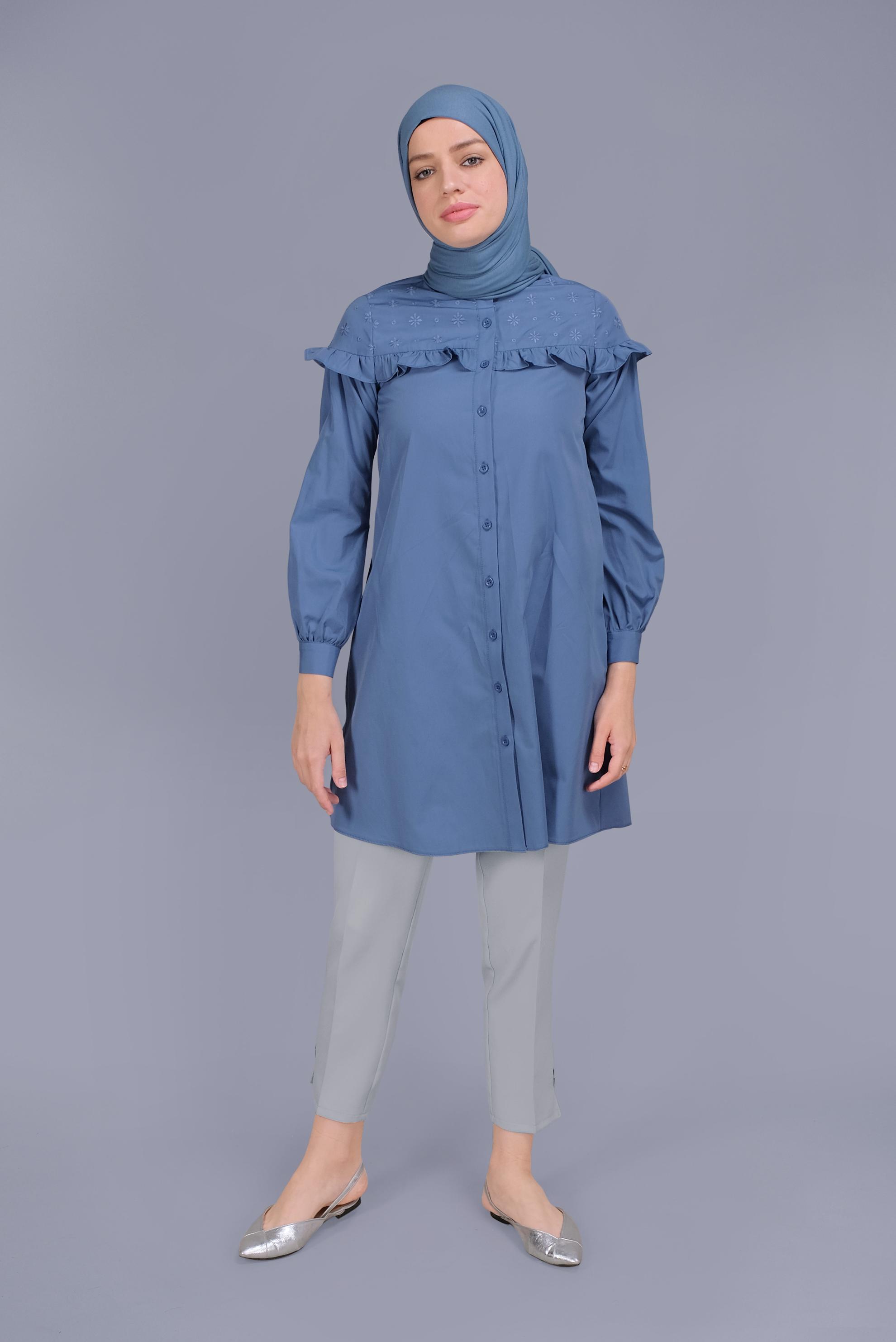 Tesettür giyim LACİVERT PAMUKLU FIRFIR DETAYLI TUNİK 41637 