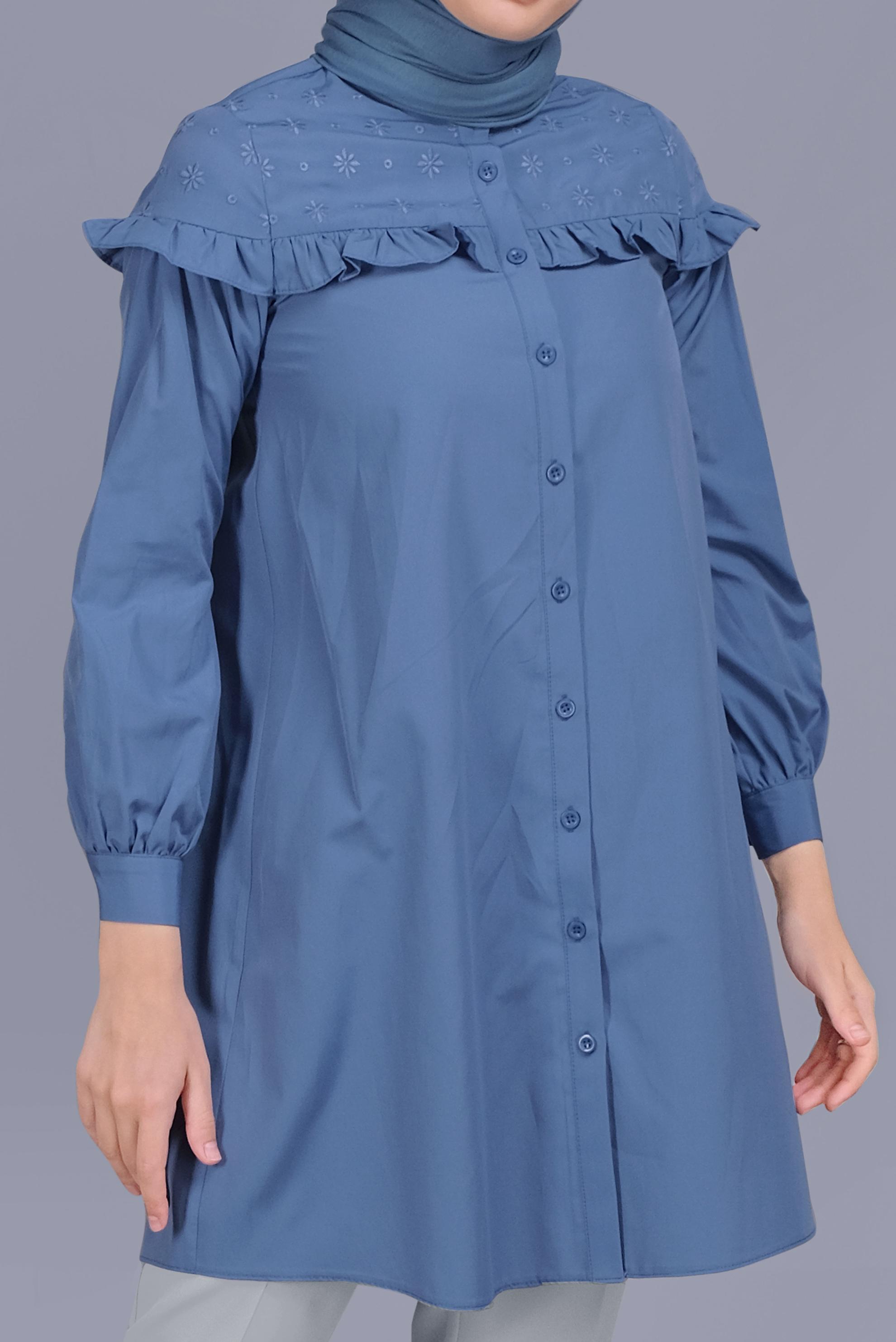 Tesettür giyim LACİVERT PAMUKLU FIRFIR DETAYLI TUNİK 41637 