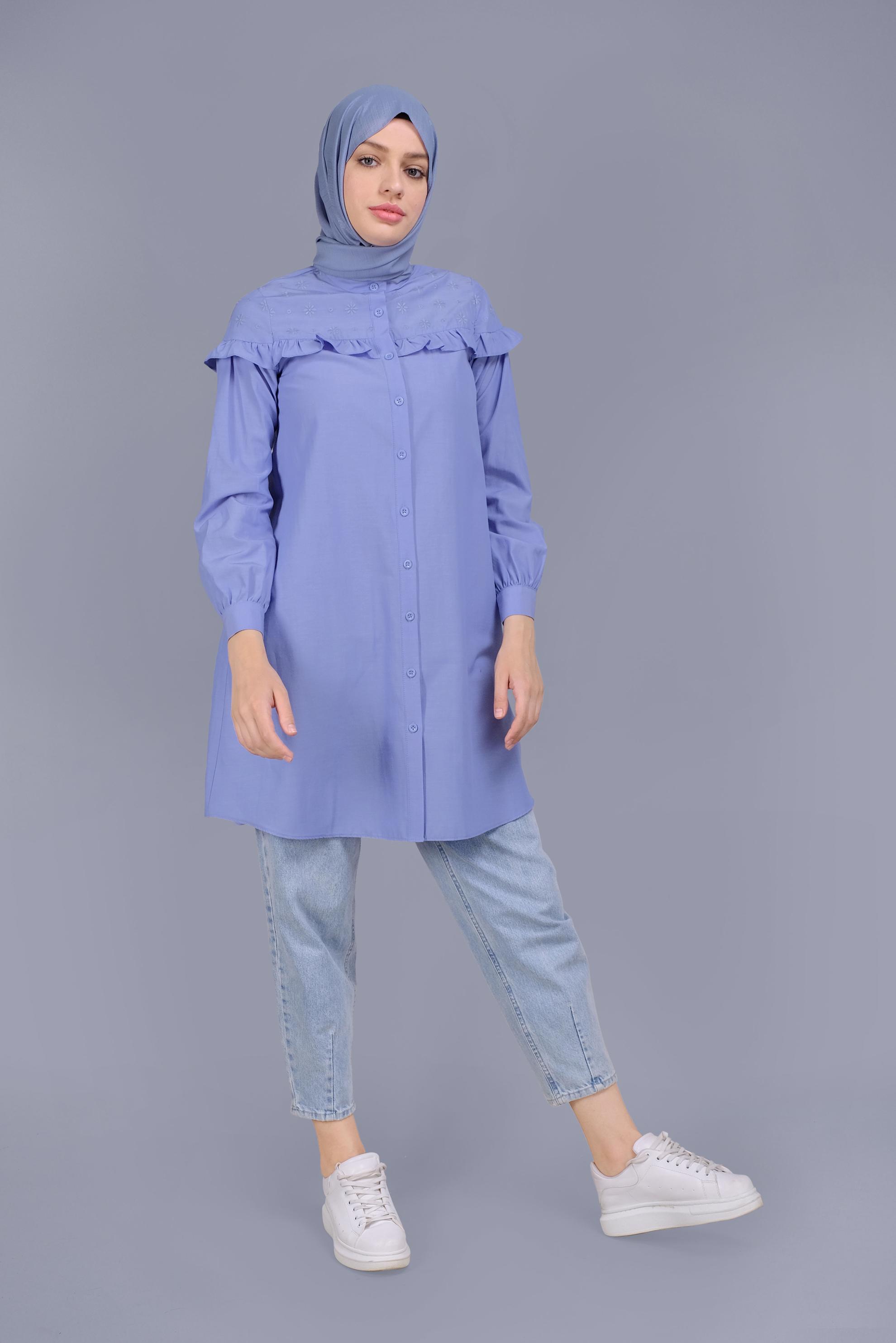 Tesettür giyim MAVİ PAMUKLU FIRFIR DETAYLI TUNİK 41637 