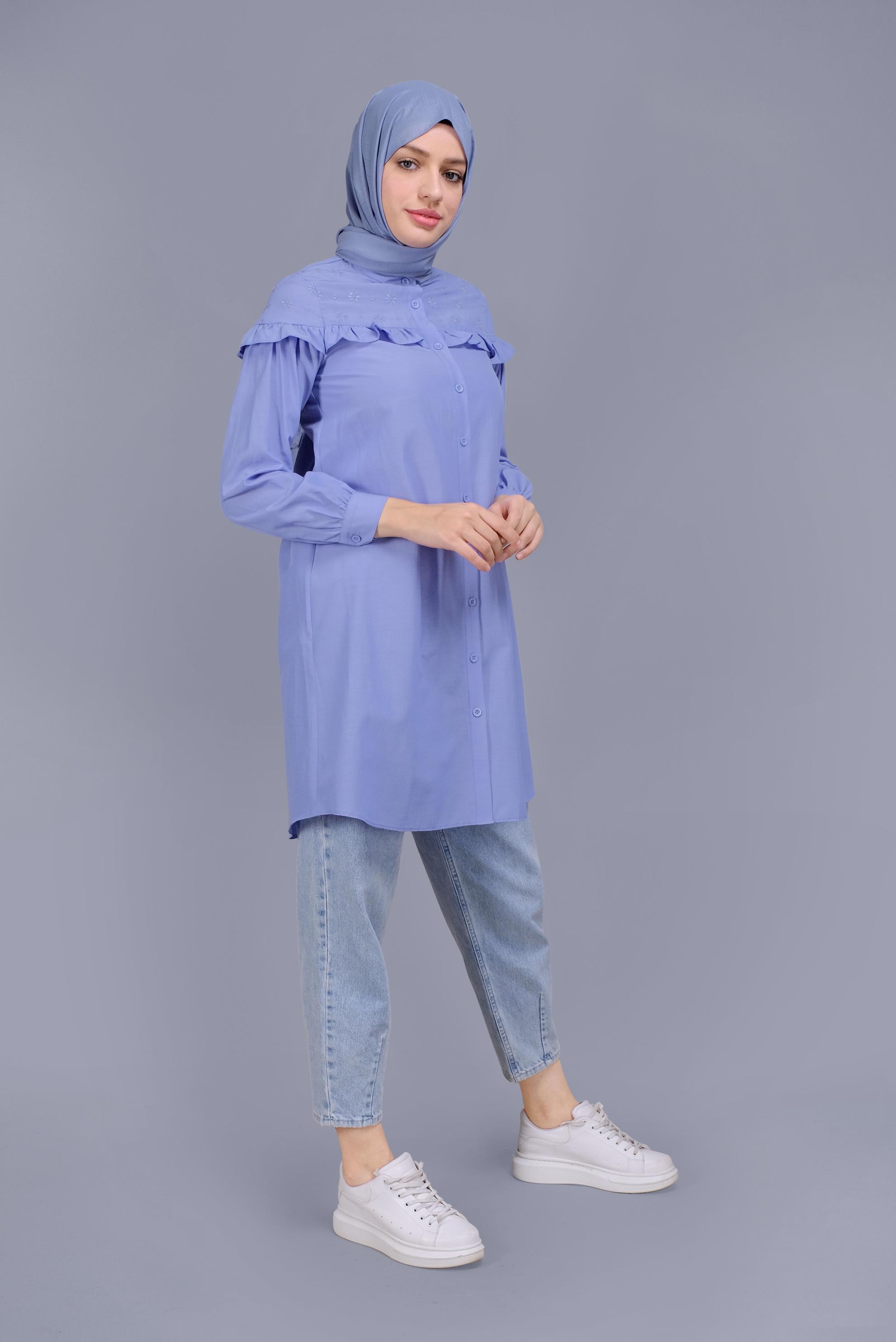 Tesettür giyim MAVİ PAMUKLU FIRFIR DETAYLI TUNİK 41637 