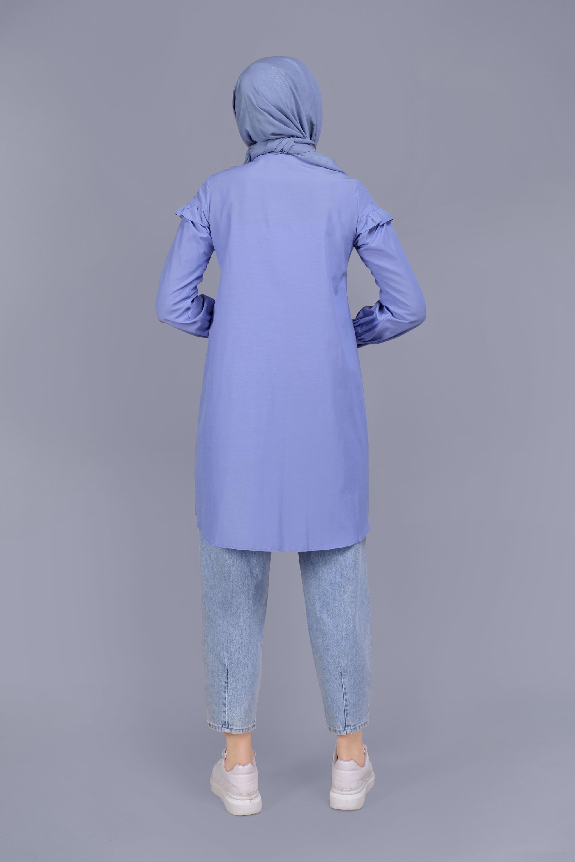Tesettür giyim MAVİ PAMUKLU FIRFIR DETAYLI TUNİK 41637 