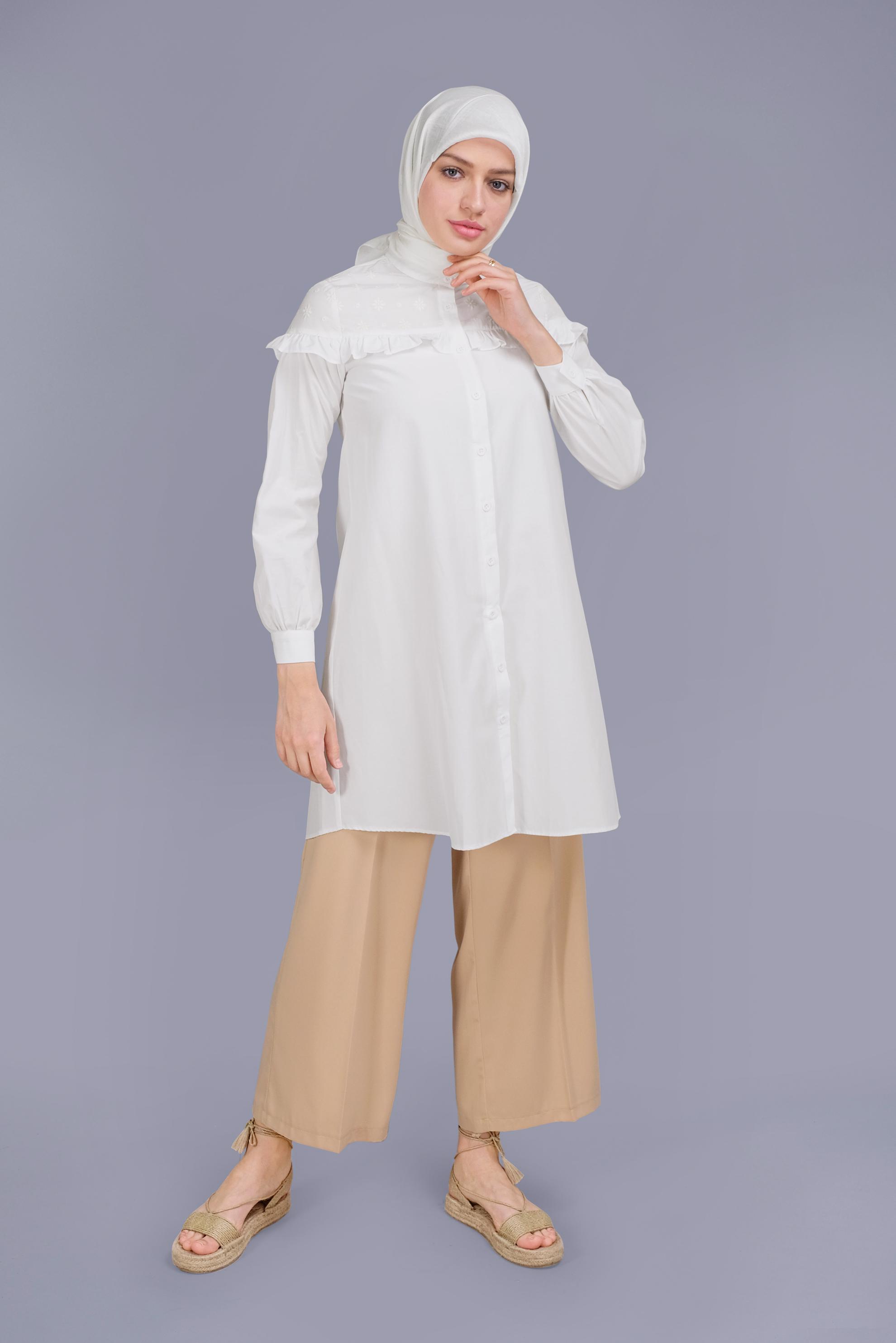 Tesettür giyim BEYAZ PAMUKLU FIRFIR DETAYLI TUNİK 41637 