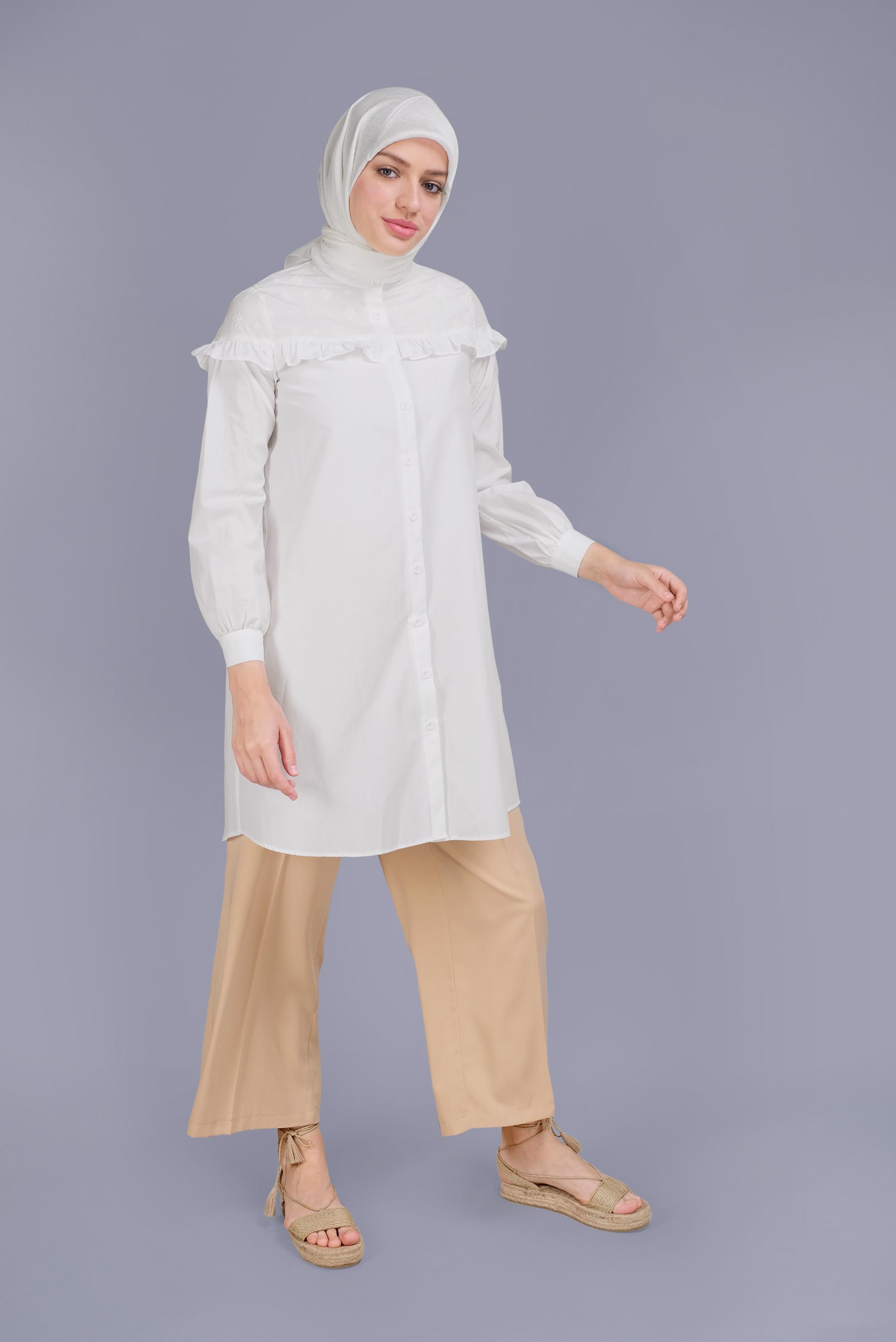 Tesettür giyim BEYAZ PAMUKLU FIRFIR DETAYLI TUNİK 41637 