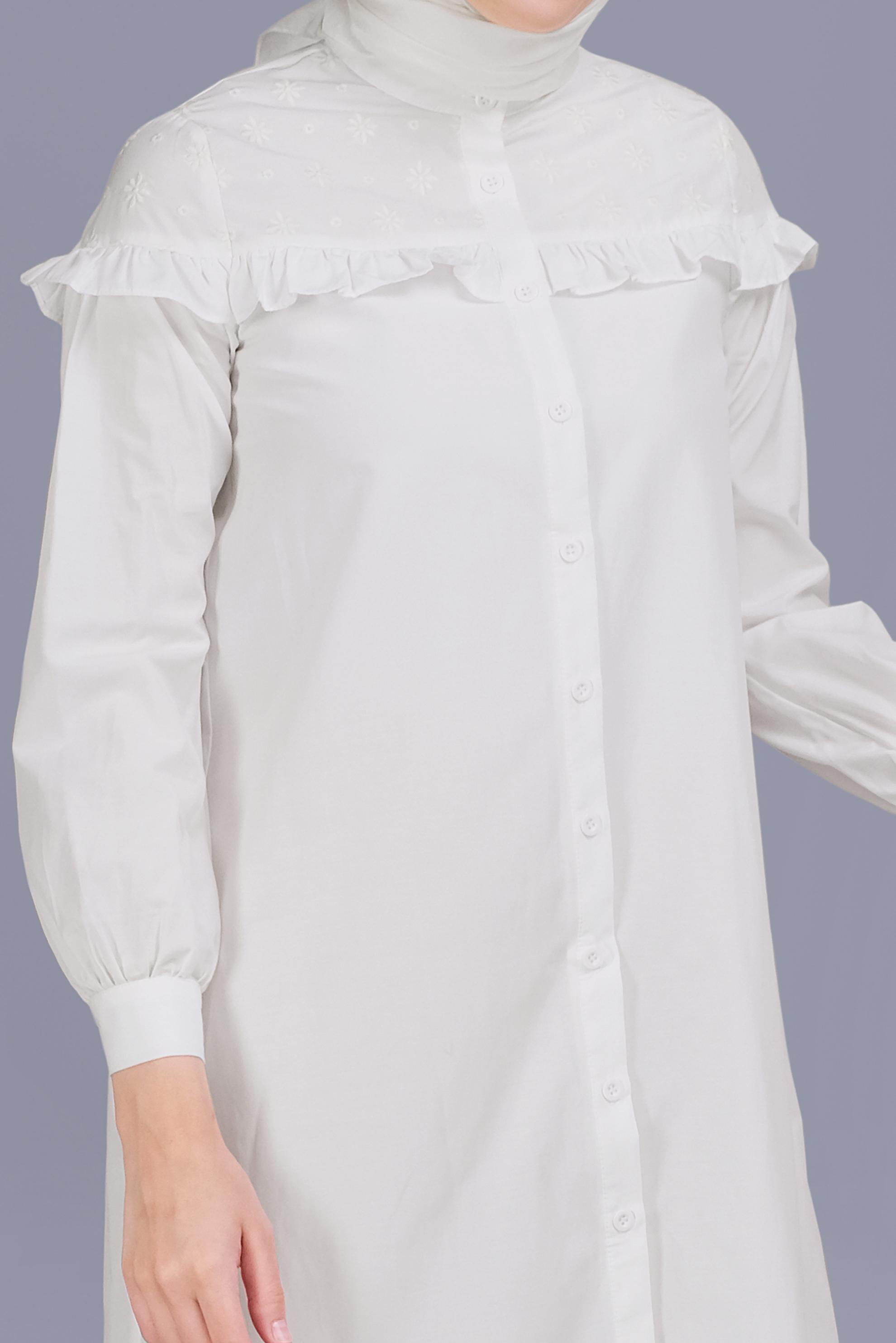 Tesettür giyim BEYAZ PAMUKLU FIRFIR DETAYLI TUNİK 41637 