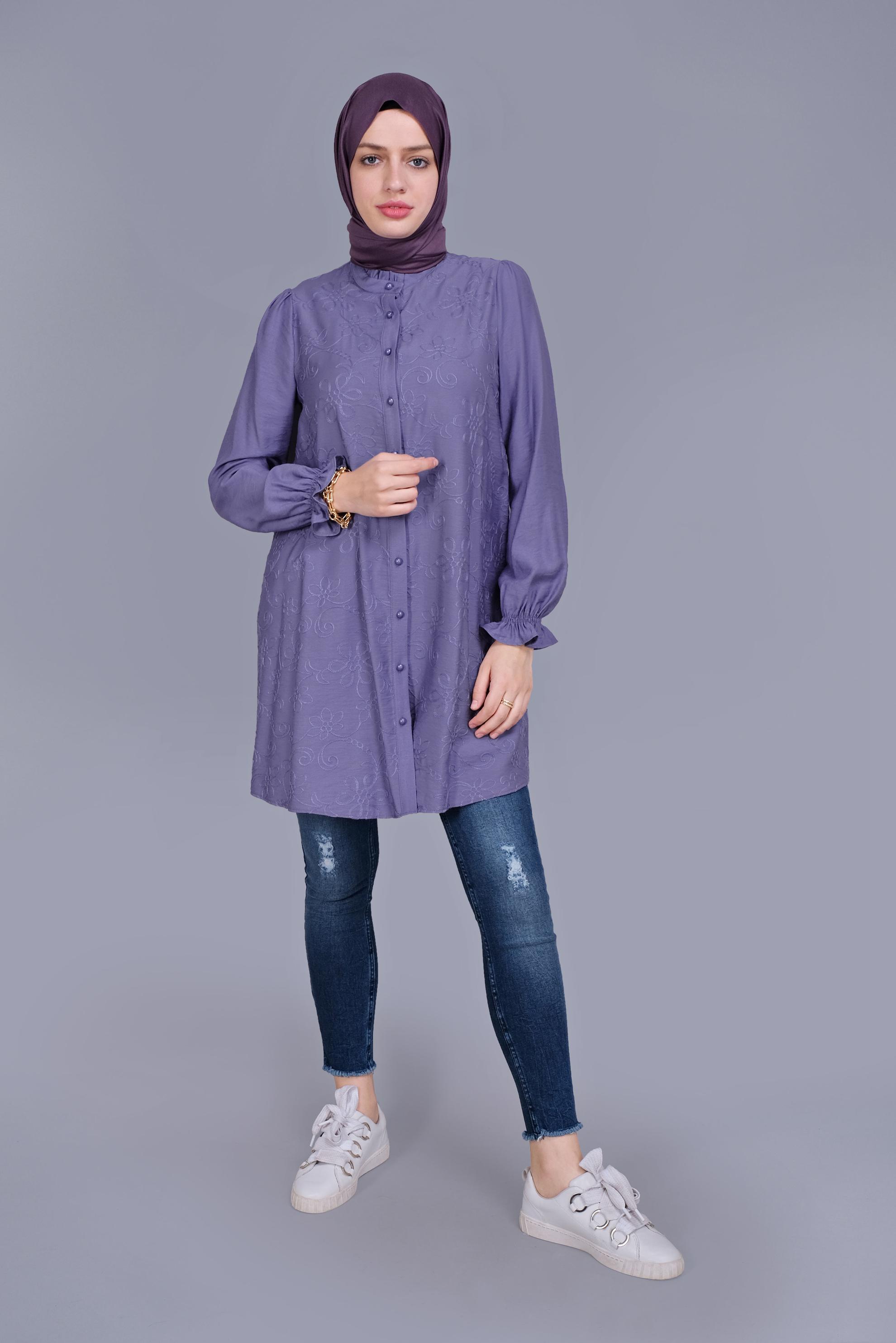 Tesettür giyim MOR BOYDAN DÜĞMELİ DESENLİ TUNİK 41638 