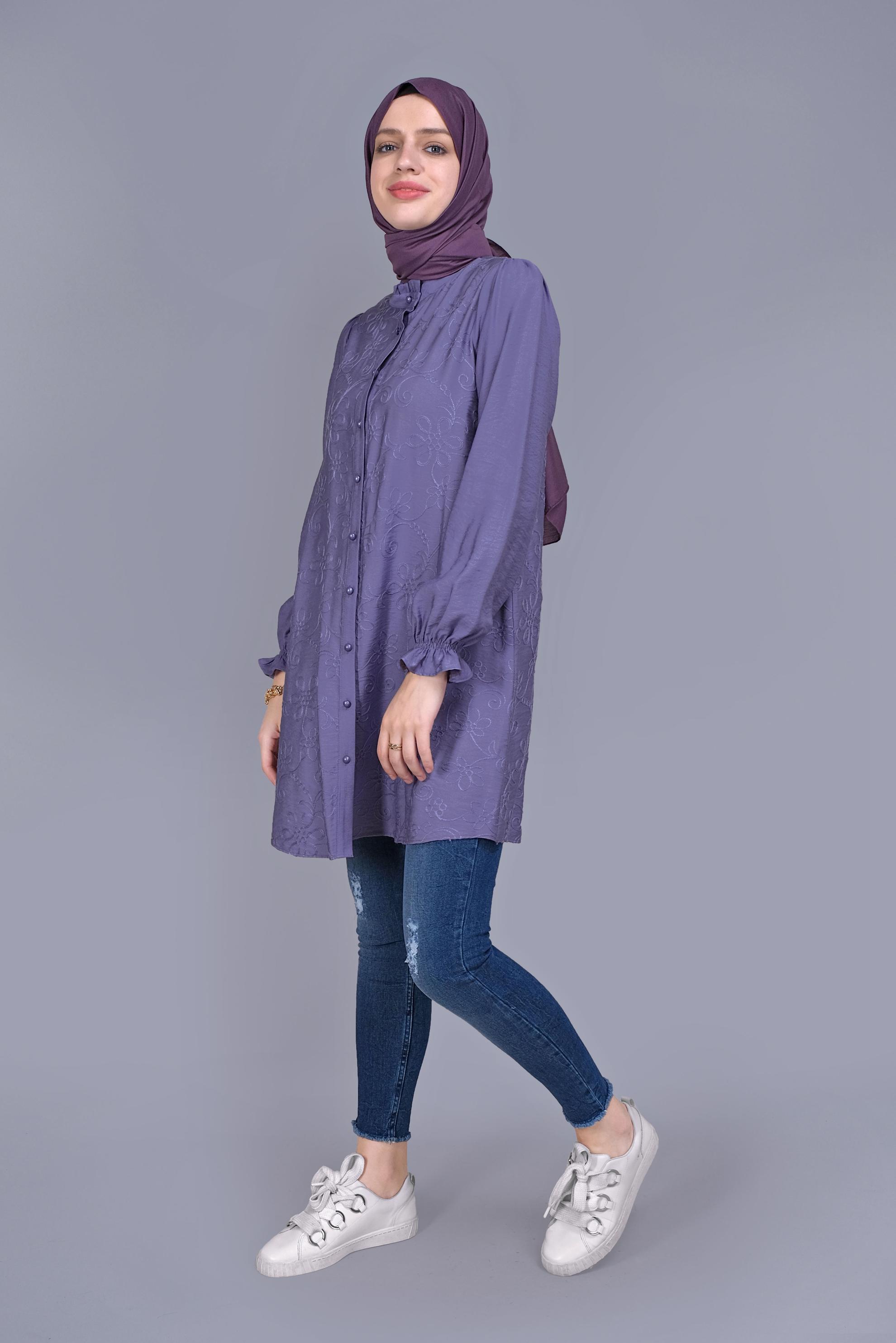 Tesettür giyim MOR BOYDAN DÜĞMELİ DESENLİ TUNİK 41638 