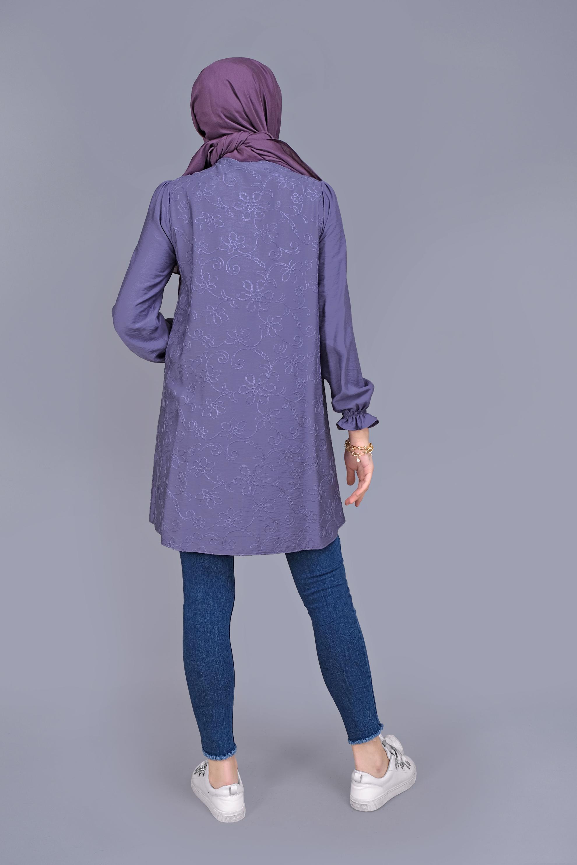 Tesettür giyim MOR BOYDAN DÜĞMELİ DESENLİ TUNİK 41638 