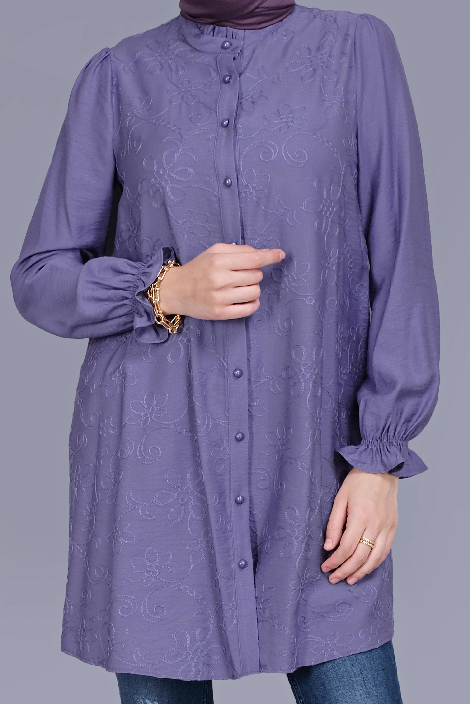 Tesettür giyim MOR BOYDAN DÜĞMELİ DESENLİ TUNİK 41638 