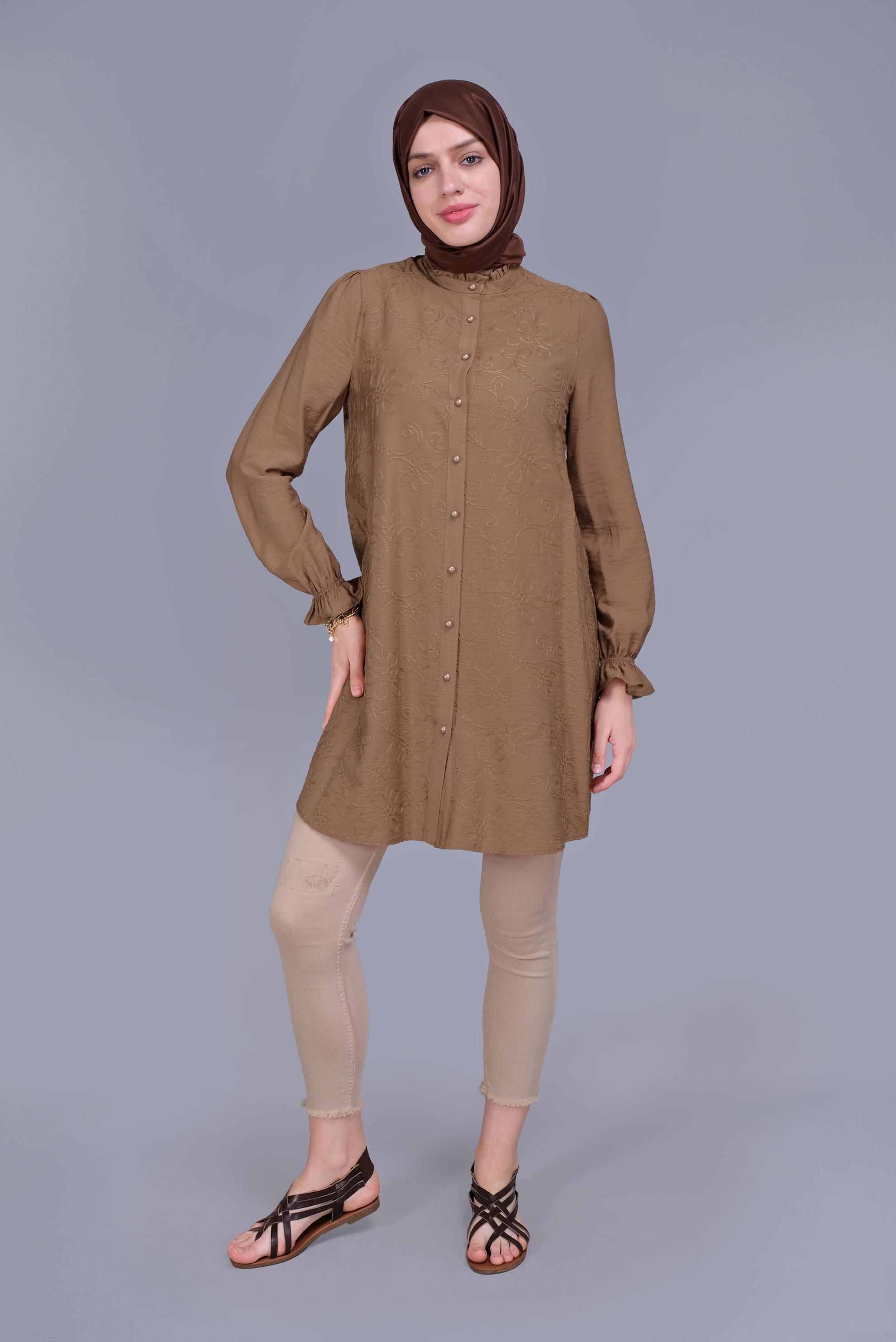 Tesettür giyim TABA BOYDAN DÜĞMELİ DESENLİ TUNİK 41638 