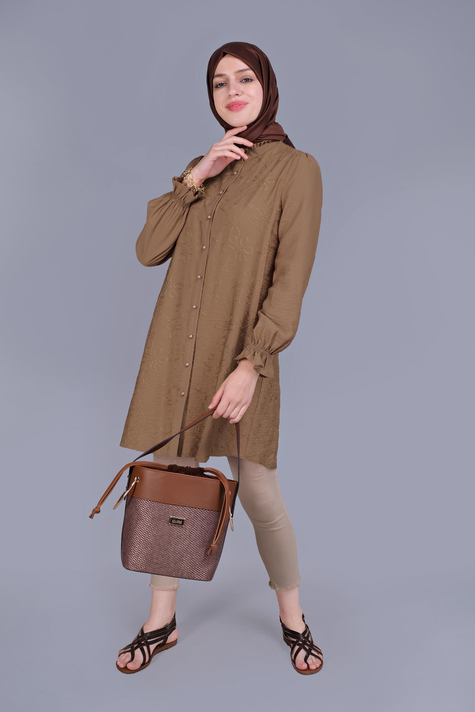 Tesettür giyim TABA BOYDAN DÜĞMELİ DESENLİ TUNİK 41638 