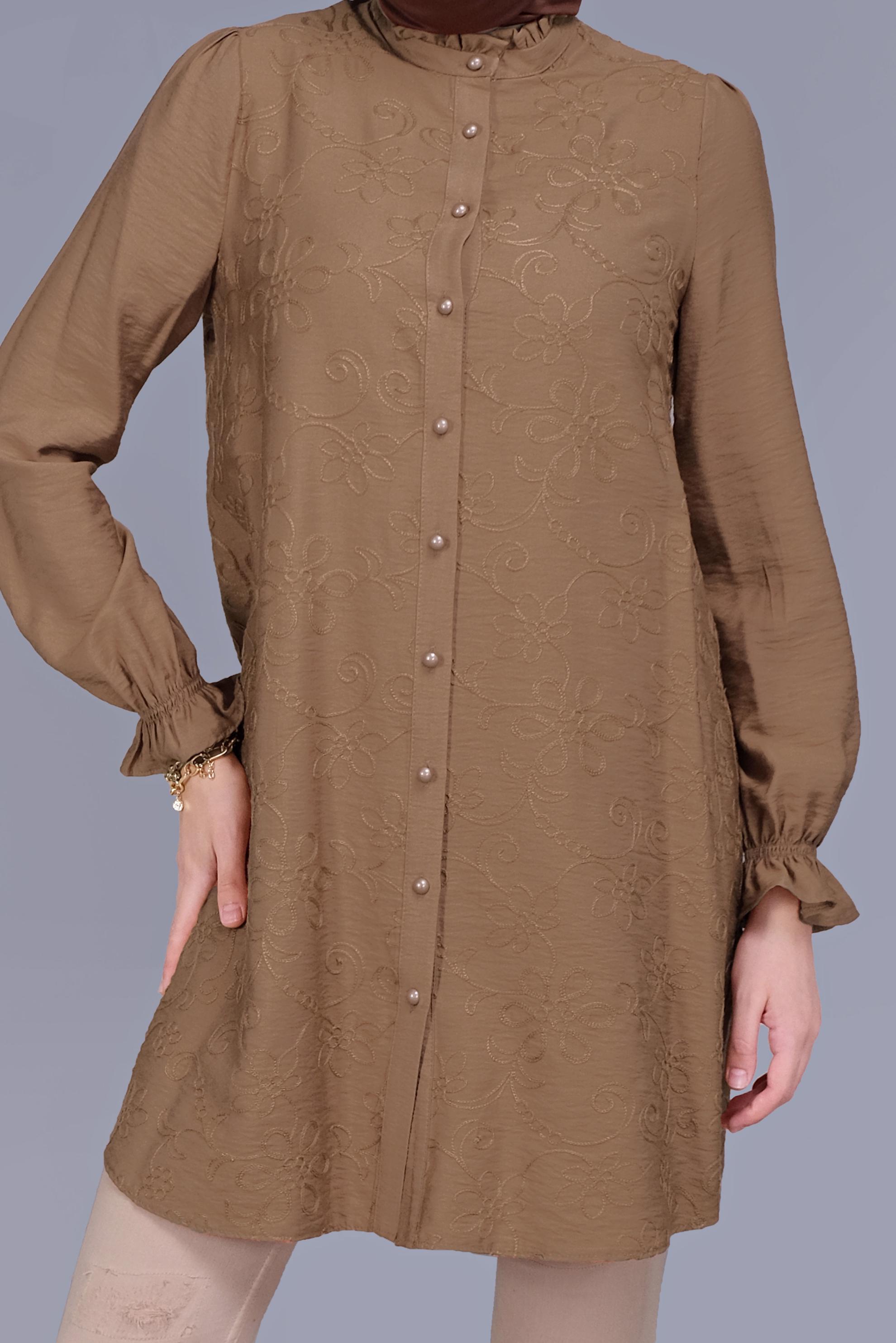 Tesettür giyim TABA BOYDAN DÜĞMELİ DESENLİ TUNİK 41638 