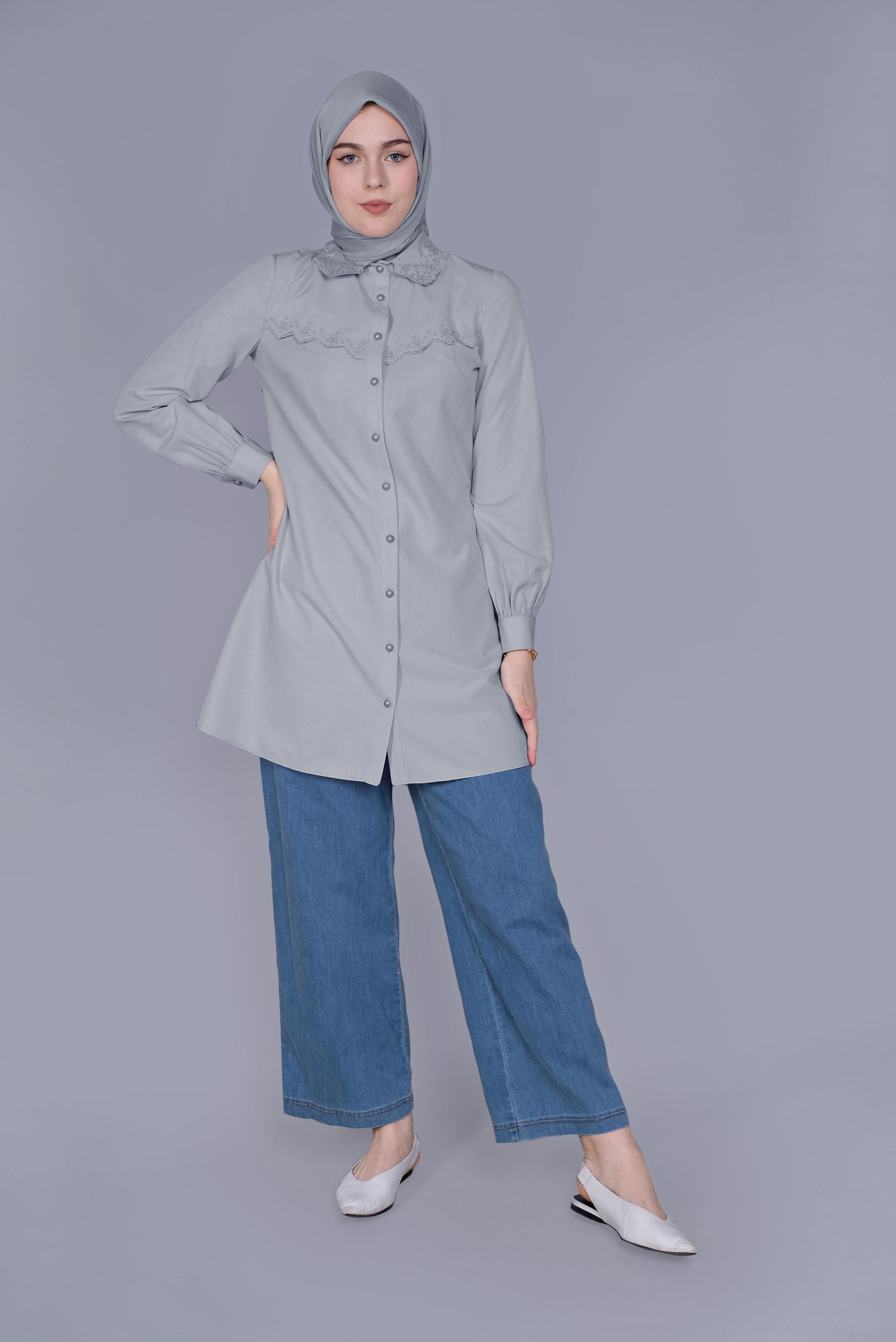 Tesettür giyim GRİ PAMUKLU  BOYDAN DÜĞMELİ TUNİK 41640