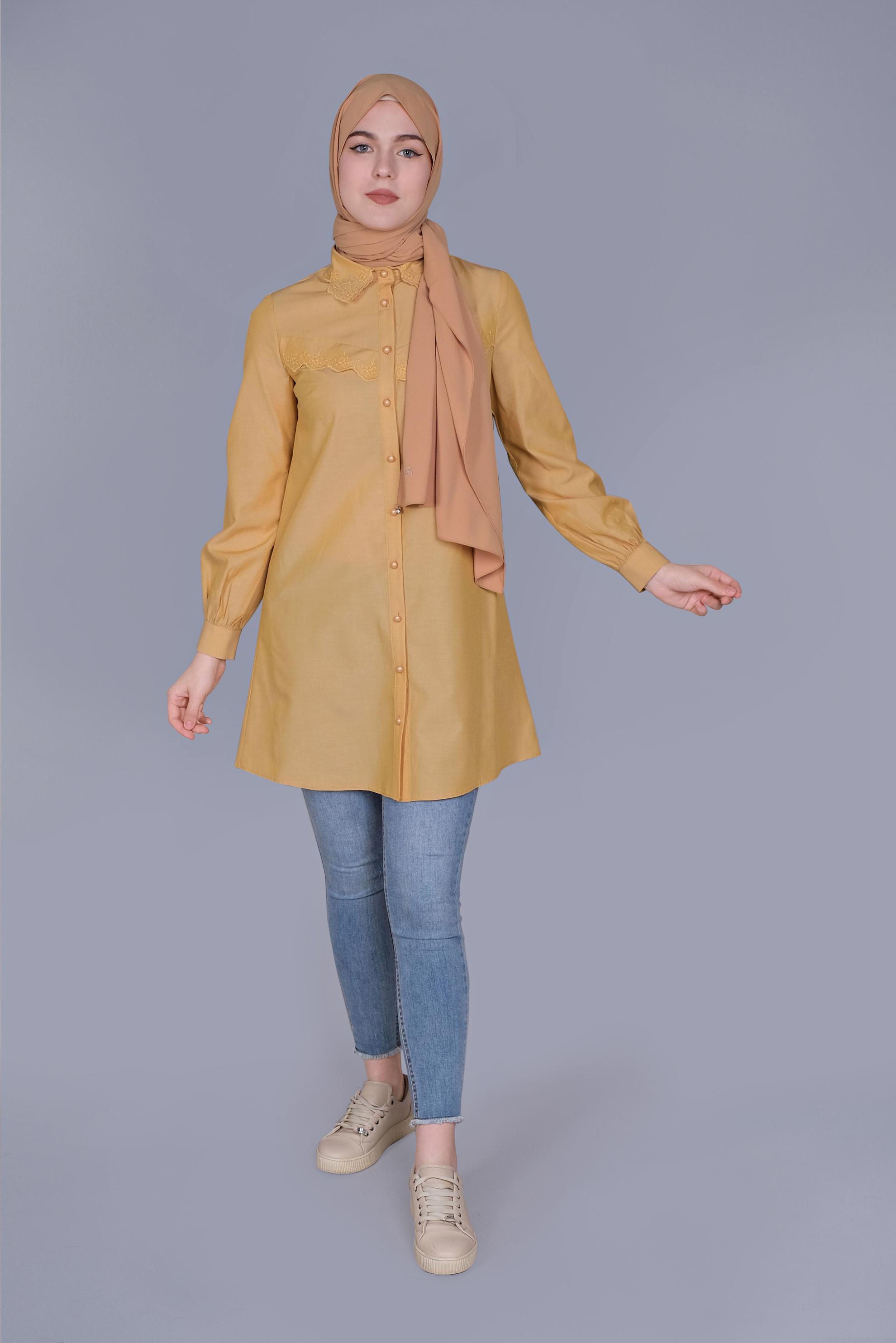 Tesettür giyim SARI PAMUKLU  BOYDAN DÜĞMELİ TUNİK 41640